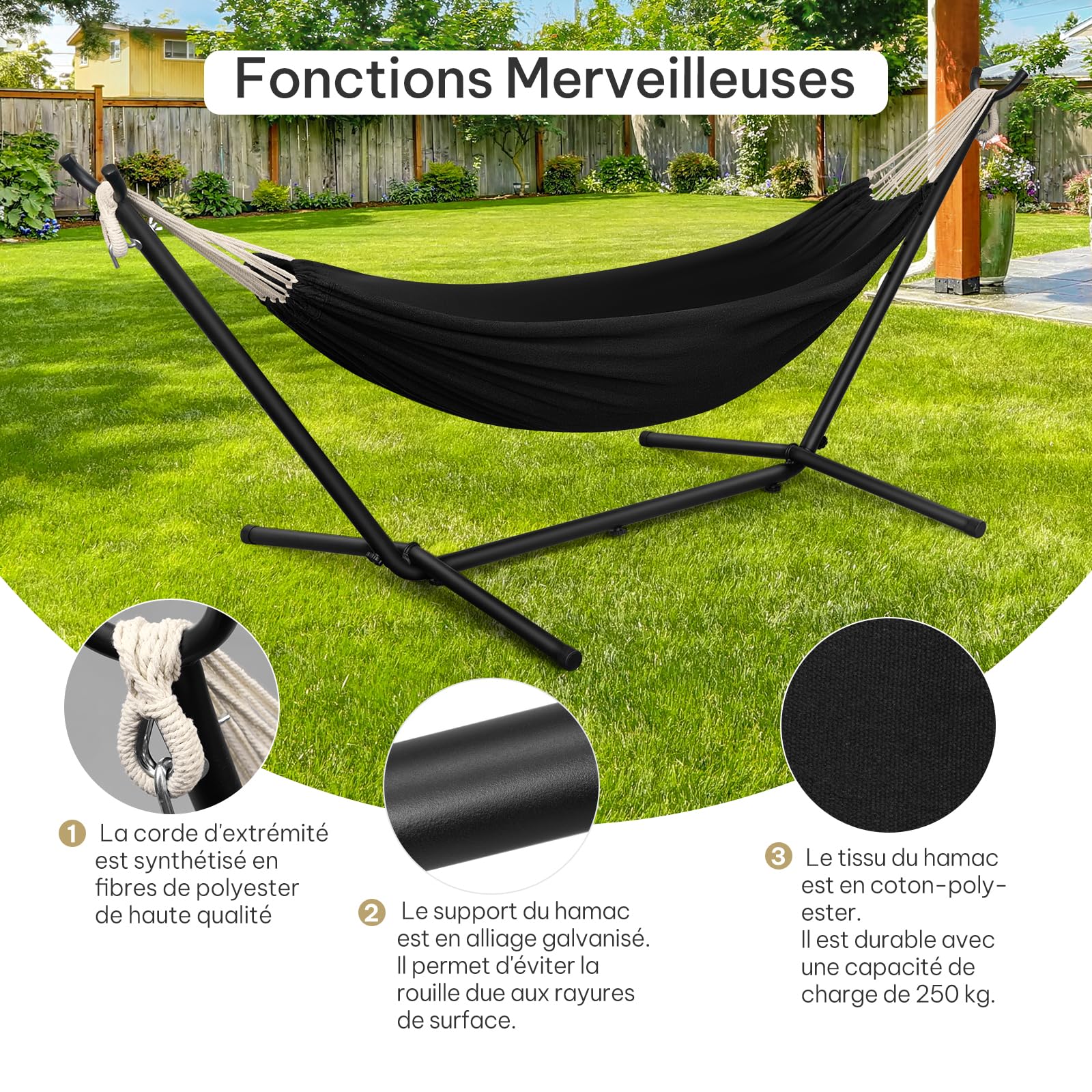 Laneetal Hamac sur Pied, Hamac avec Support en Métal, 2 Personnes, Charge de 250kg, Sac de Transport, pour Camping, Jardin, Patio, Balcon, Piscine, 280x106x100cm (Anthracite, 280x106x100cm)
