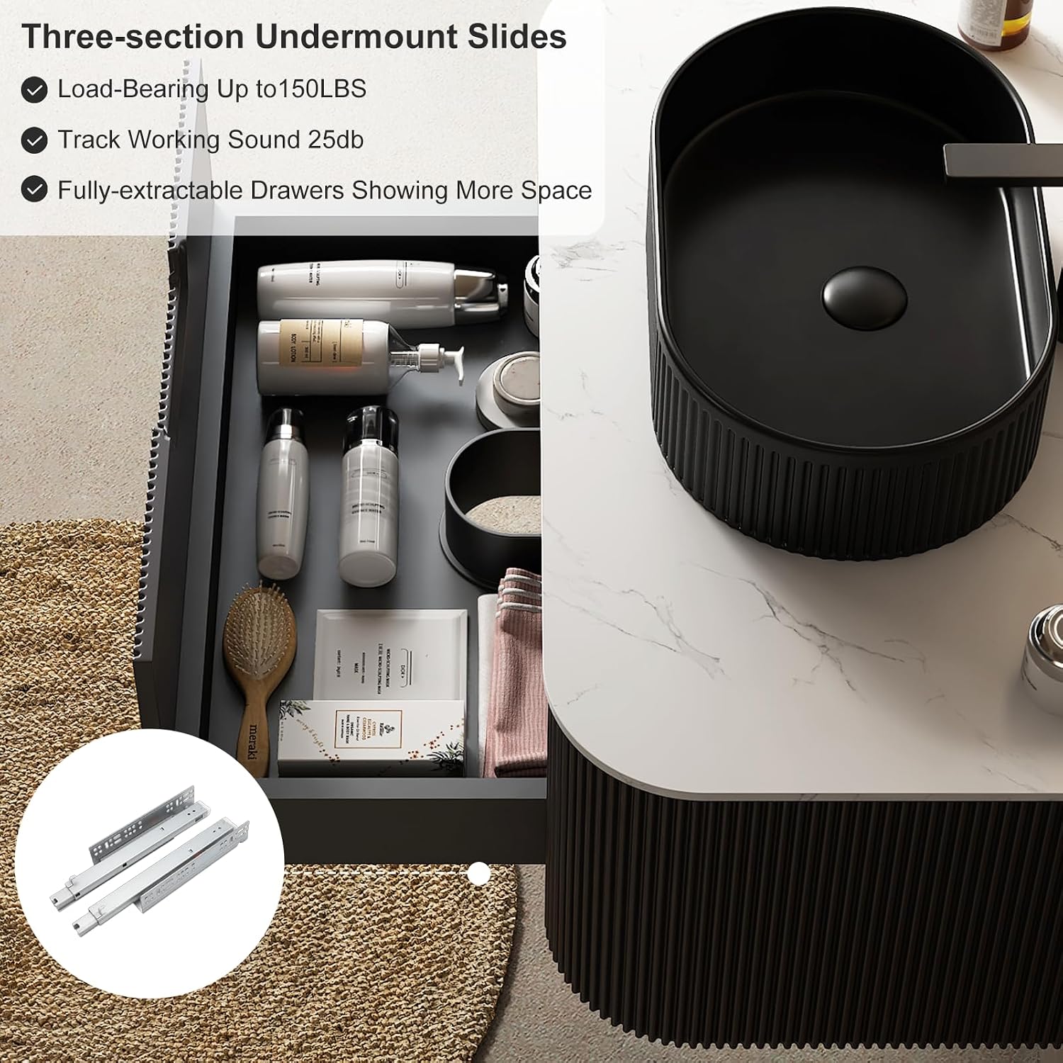 30 inch Floating Bathroom Vanity with Sink, Natural Solid Wood Modern Bathroom Vanities with Ultra-Thin Ceramic Basin and Marble Top, Soft-Close Drawer, Pre-Assembled, Black