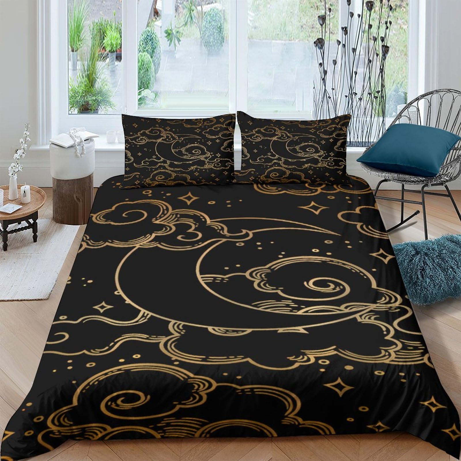 GPLZQXKJNH 3D Printed Golden Swirl Cloud Duvet Cover Set Microfiber Soft Breathable Black Bedding with 2 Pillowcases for Bedroom Single（135x200cm）