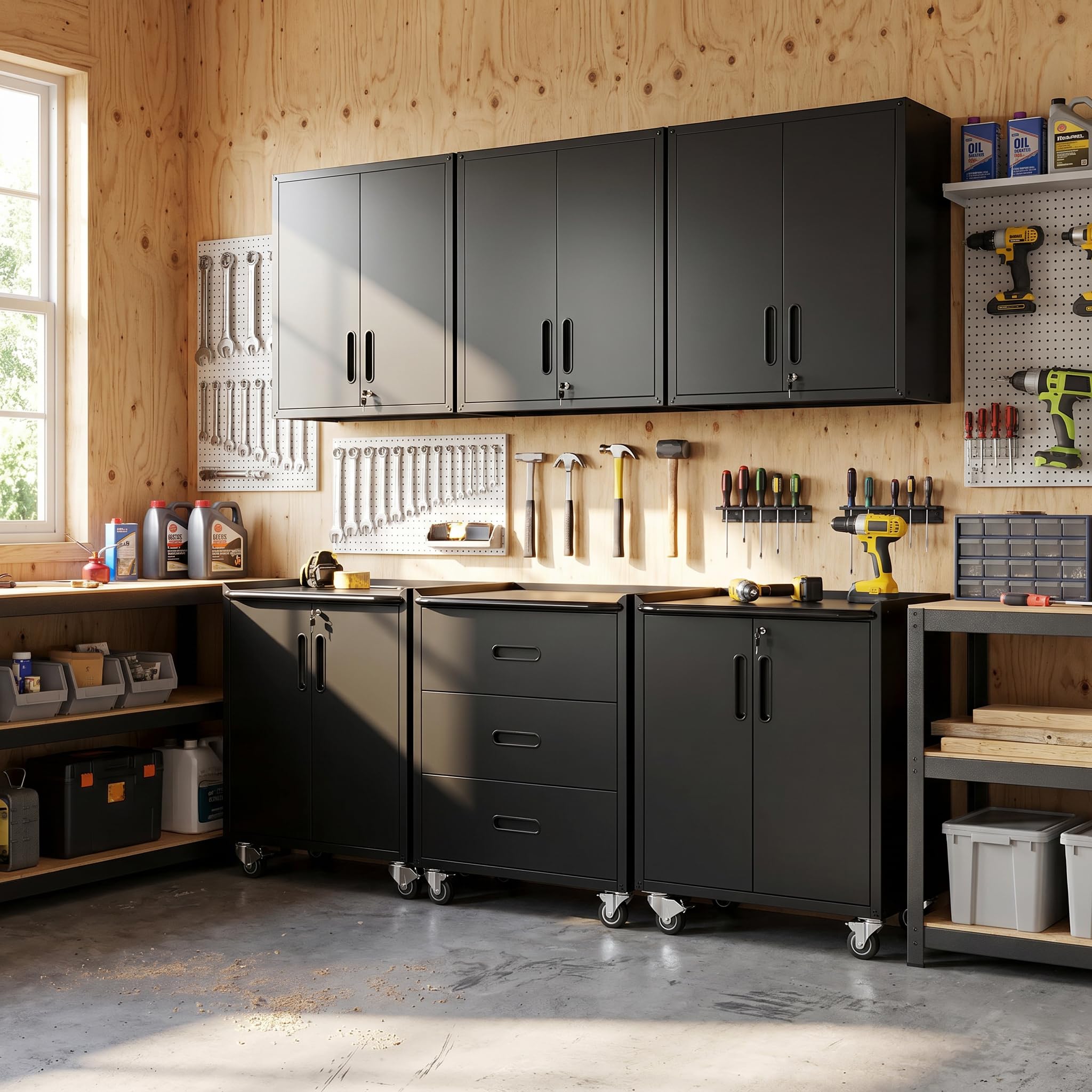 Garage Cabinet System | Heavy Duty Steel All-in-One Modular Garage Cabinet Set for Ultimate Workshop Organization | Easy Assembly Garage Storage Cabinets &amp; Tool Bench