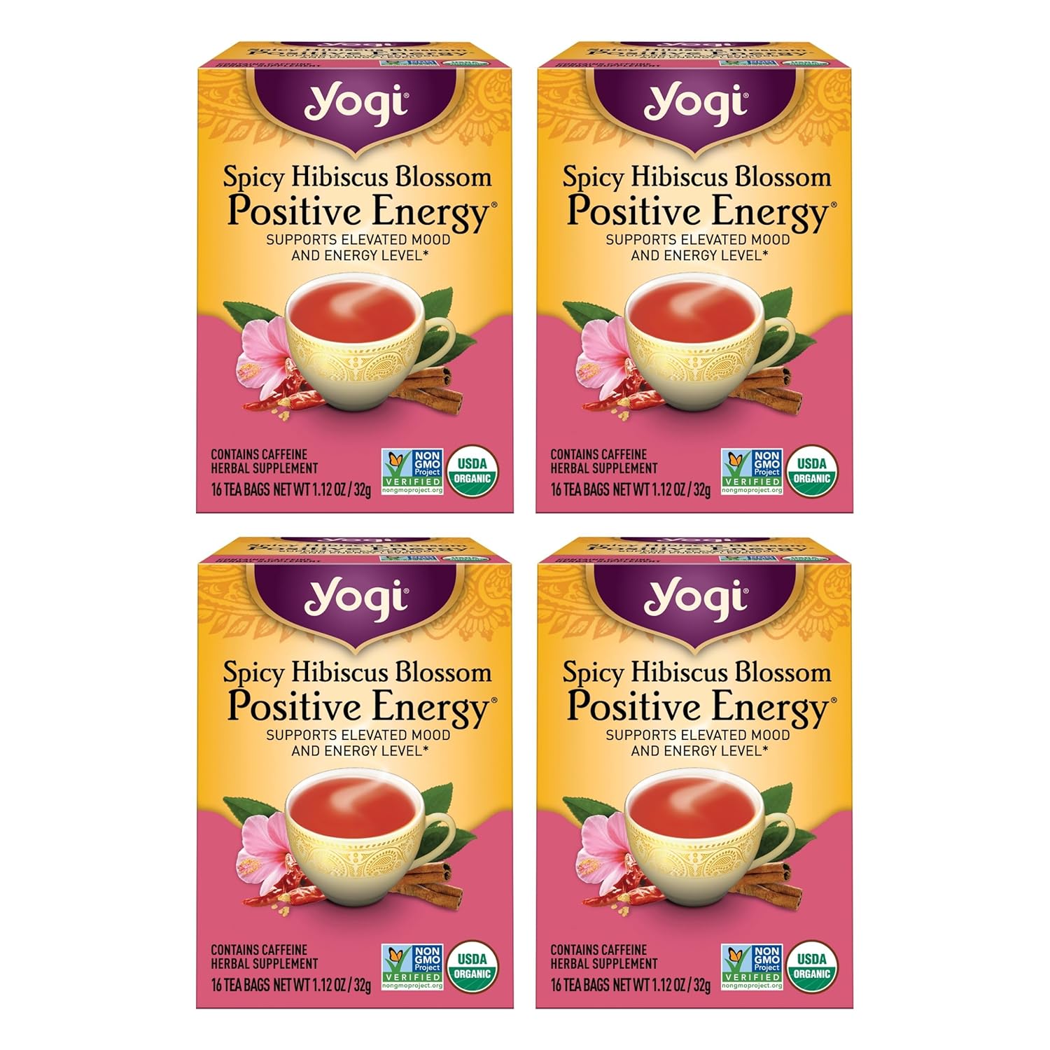 Yogi Tea Spicy Hibiscus Blossom Positive Energy Tea - 16 Tea Bags per Pack (4 Packs) - Organic Herbal Tea to Support Energy - Includes Black Tea Leaf, Hibiscus Flower, Cinnamon Bark & More