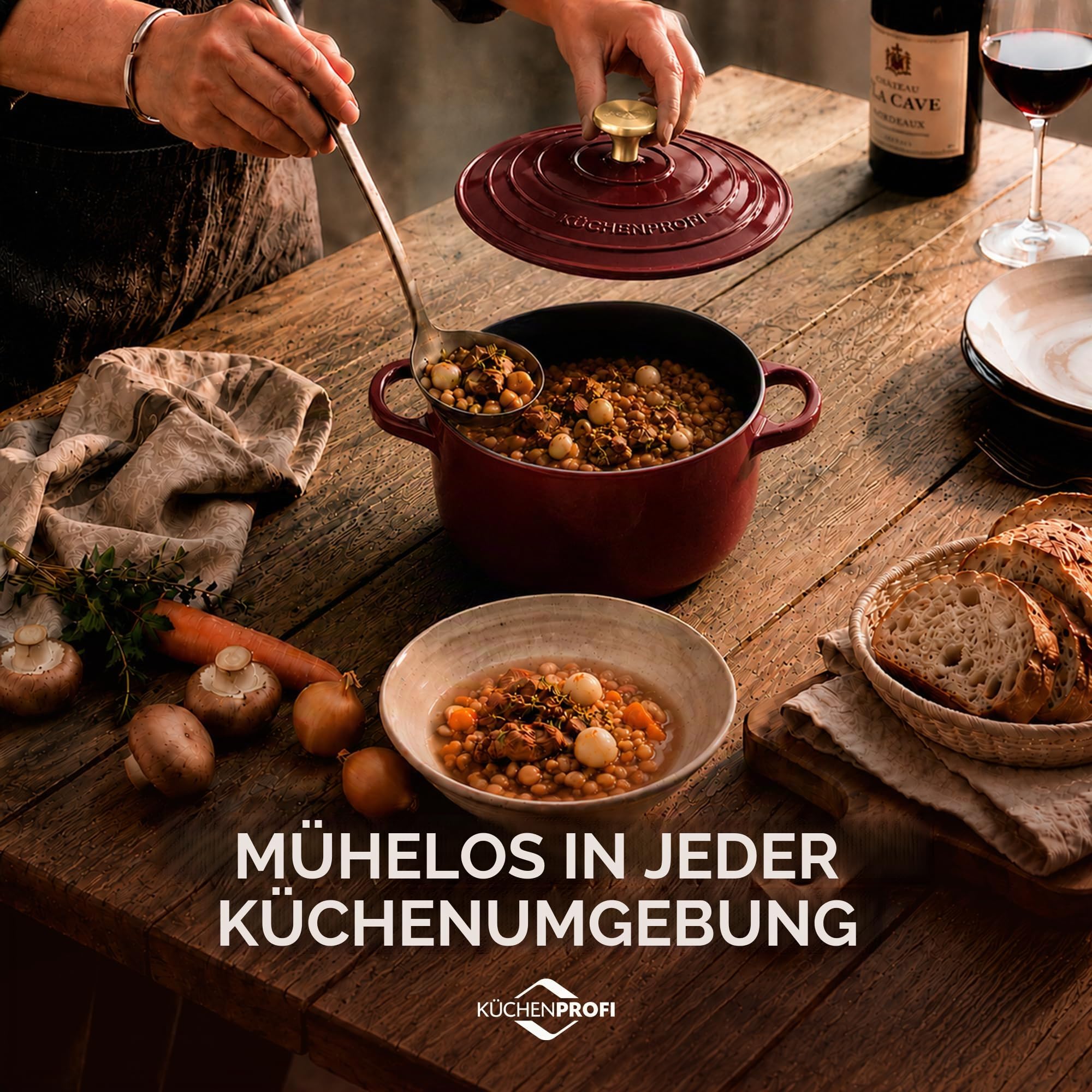 KÜCHENPROFI Gusseisen Bräter mit Deckel rund, 24 cm, emailliert, médoc | Schmortopf aus Gusseisen, für Induktion, Grillgeräte und alle Herdarten, energieeffizient, pflegeleicht