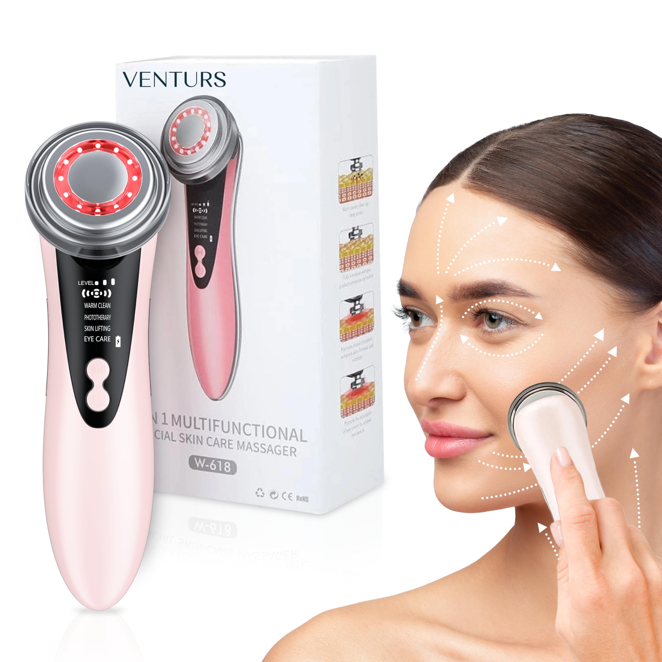 VENTURS Facial Aparato Radiofrecuencia | 5 modos de Terapia de luz LED | Masajeador Facial Eléctrico | Limpieza Facial, Antiarrugas, Rejuvenecimiento | Cuidado Facial