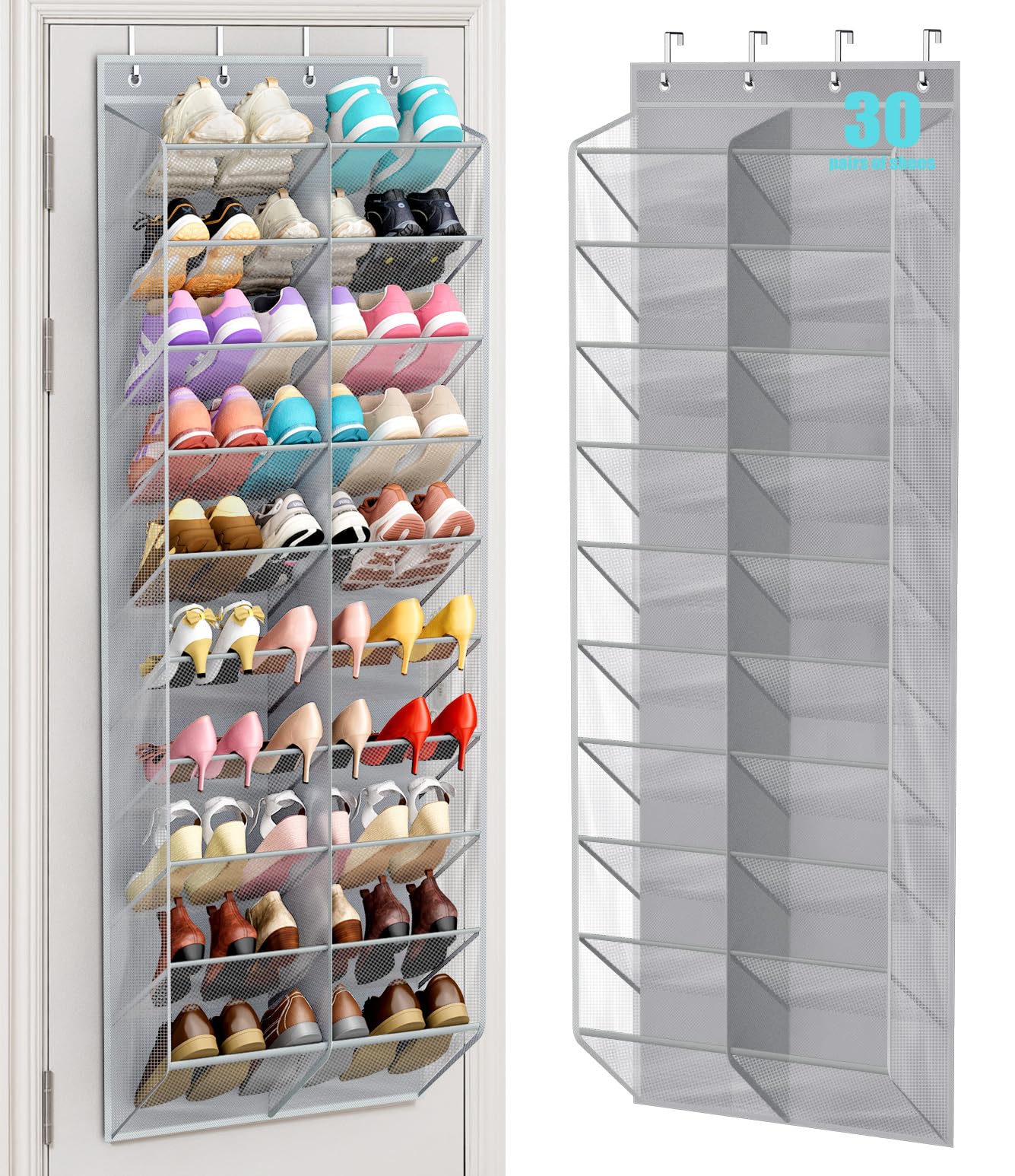 MISSLO 30 Pairs Over the Door Shoe Organizer Breathable Mesh Hanging Shoe Rack for Closet Storage with Wide Deep Pockets 10 Tier Shoes Holder Fit All the Family's Sneakers, Boots, Heels (Grey, 71")