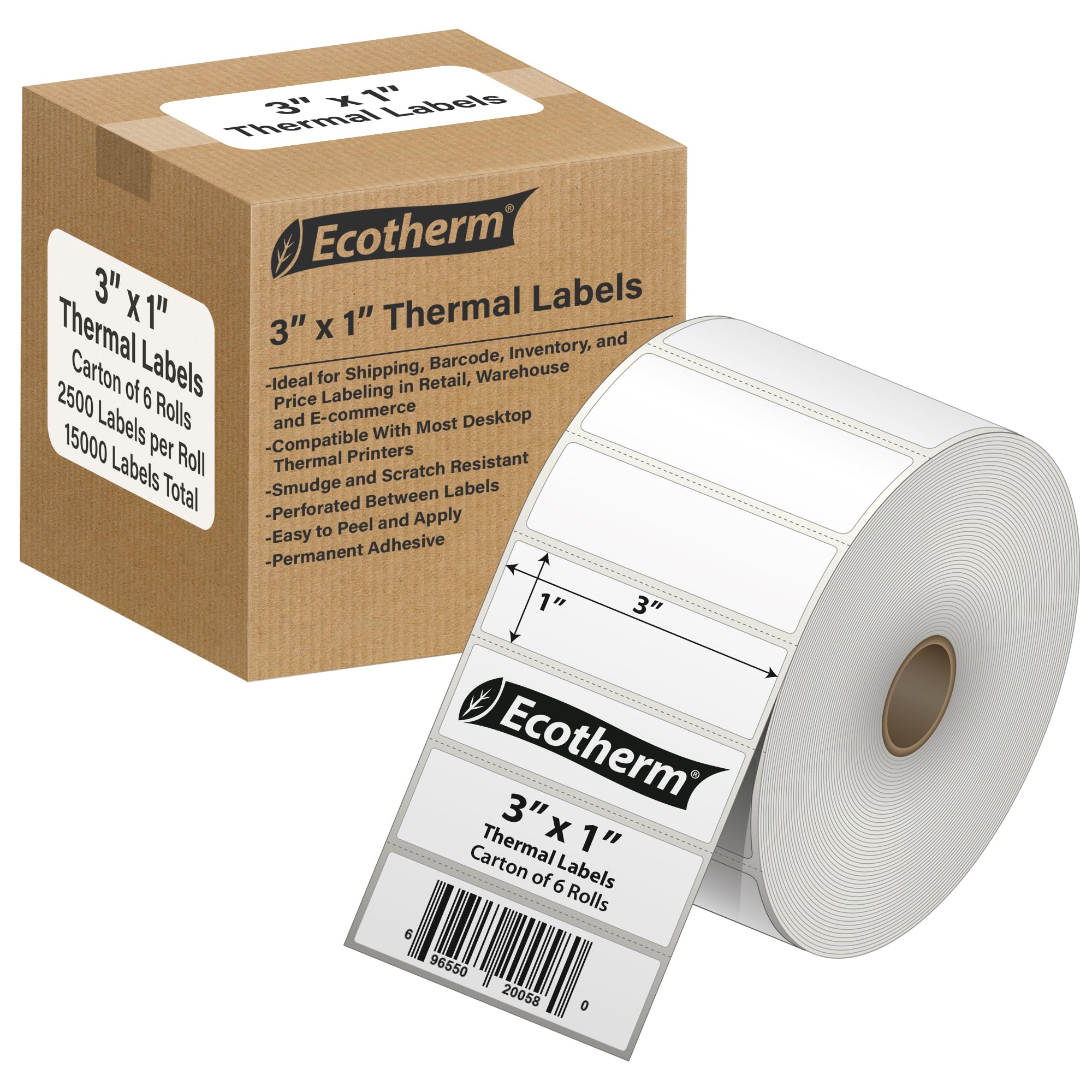 3" x 1" Thermal Labels | 6 Rolls | 15000 Labels | fits Zebra, Munbyn, Rollo, Godex, Arkscan, iDPRT, Offnova Thermal Label Printers and More | Blank