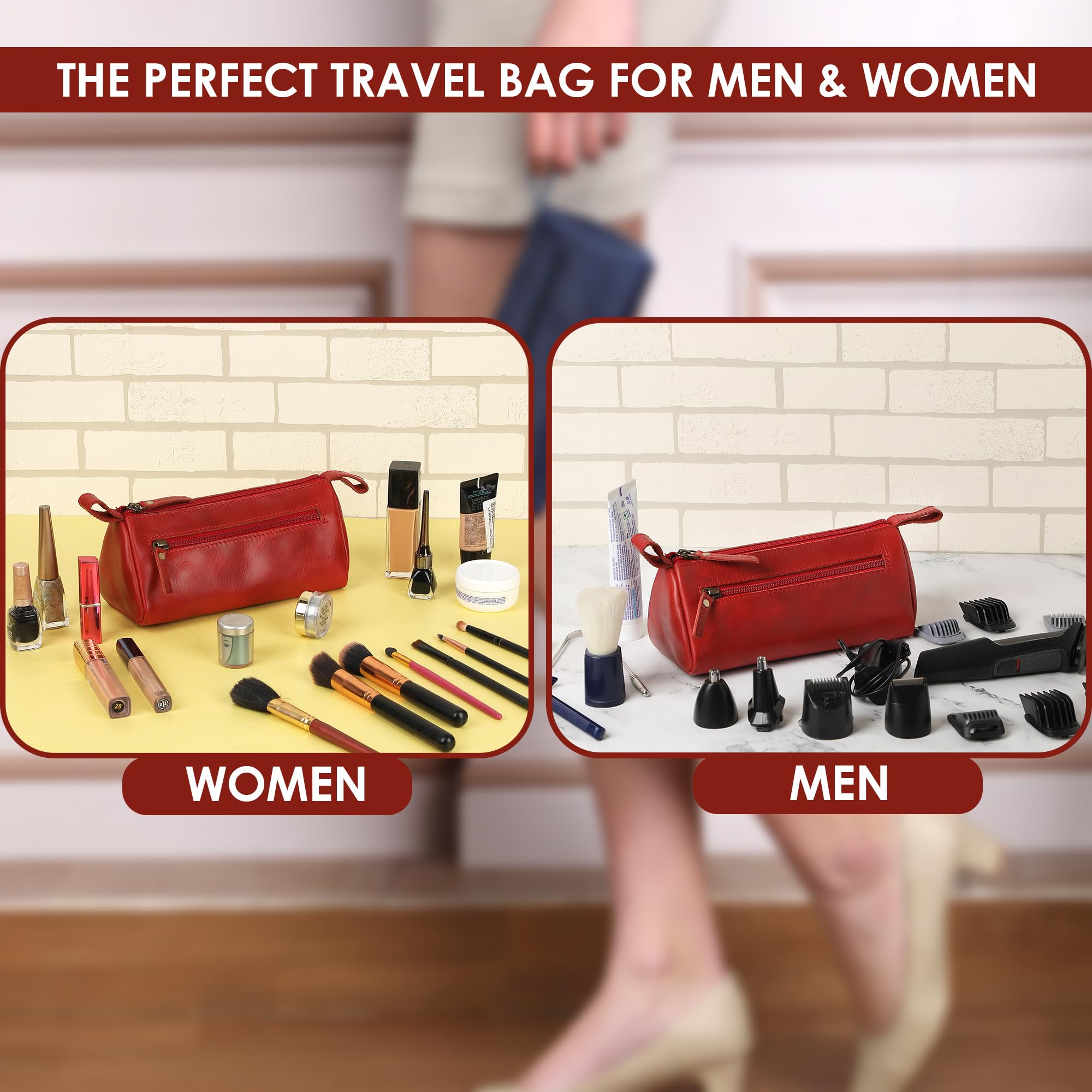 Genuine Leather Cosmetic Pouch with Zipper