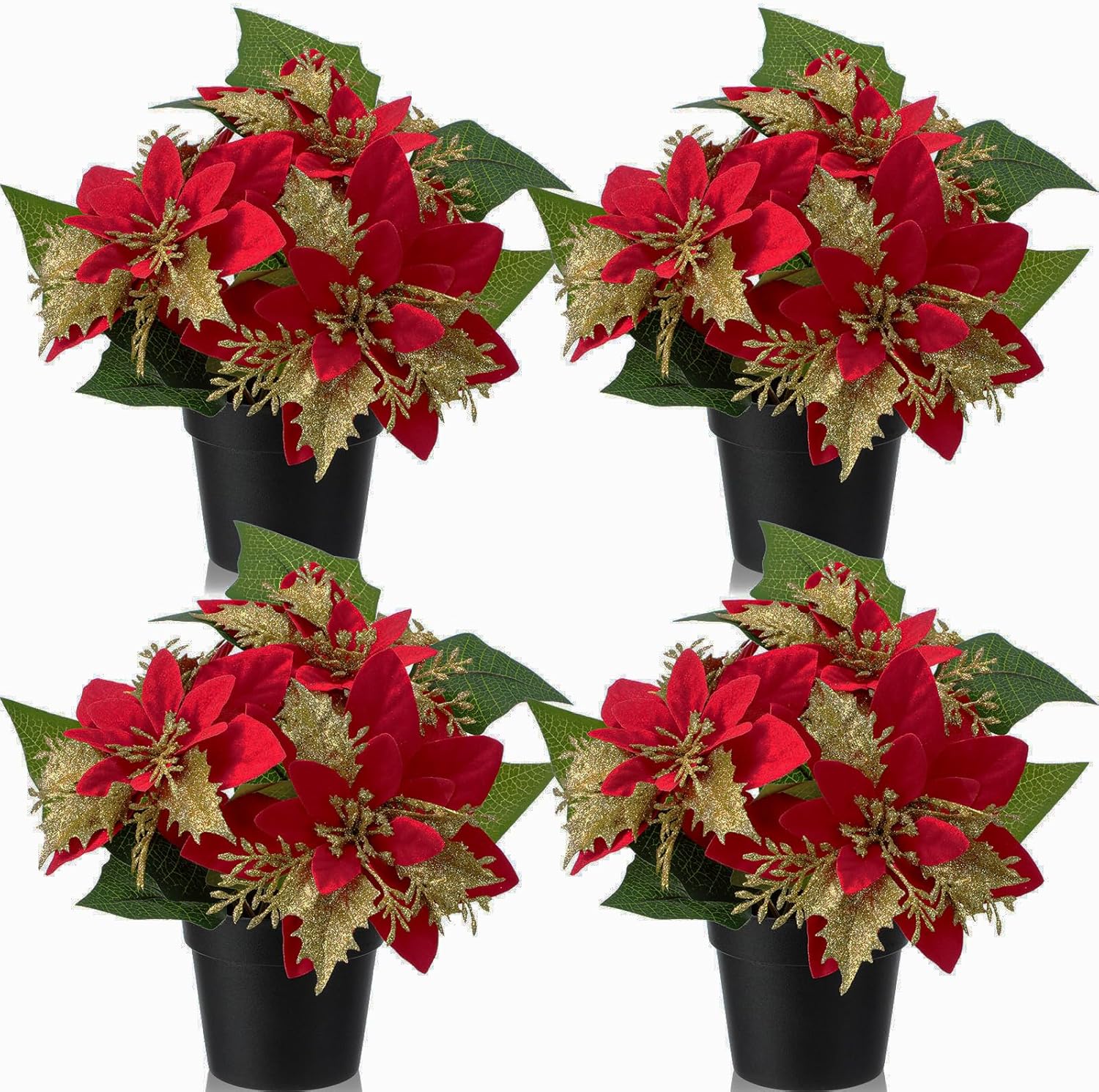 Suncalla 4 Pack Mini Artificial Poinsettias in Pots 9 inch Faux Red Glitter Poinsettias Plants Tabletop Christmas Centerpieces for Home Office Table Indoor Xmas Holiday Indoor(Plastic,Black)