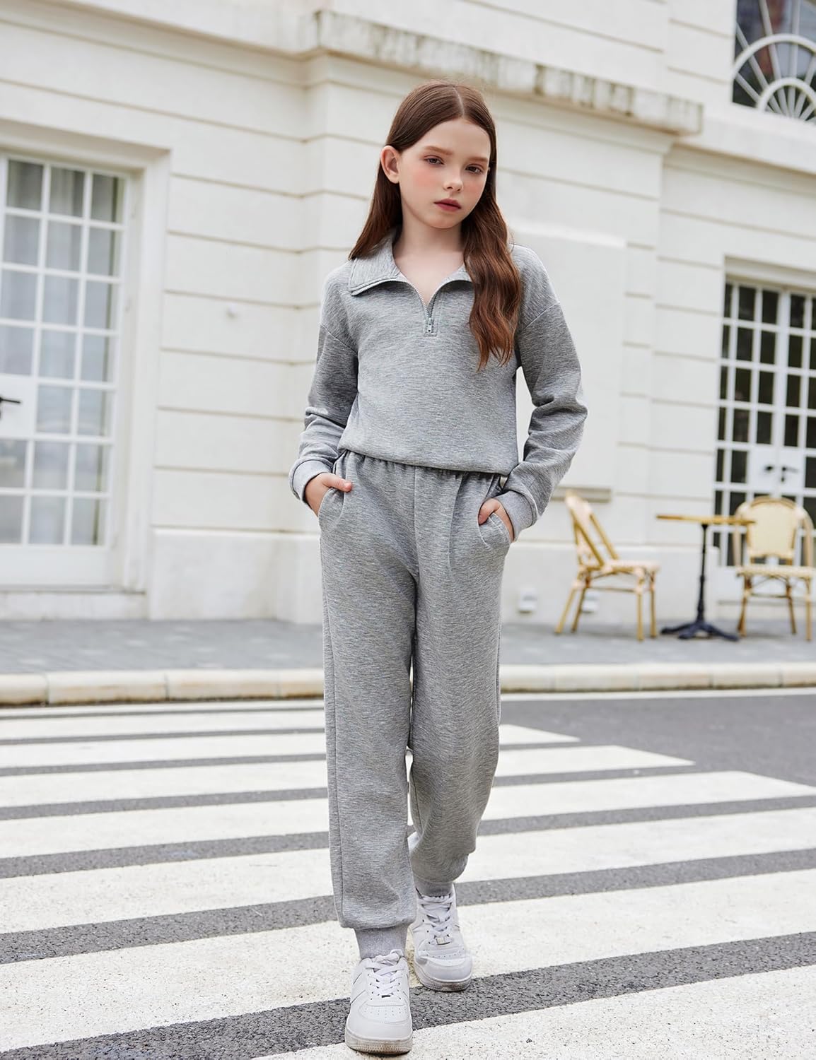 Arshiner Girls 2 Piece Outfits Sweatsuit Set Half Zip Lapel Collar Long Sleeve Sweatshirt Sweatpant Tracksuit Sets - Image 4