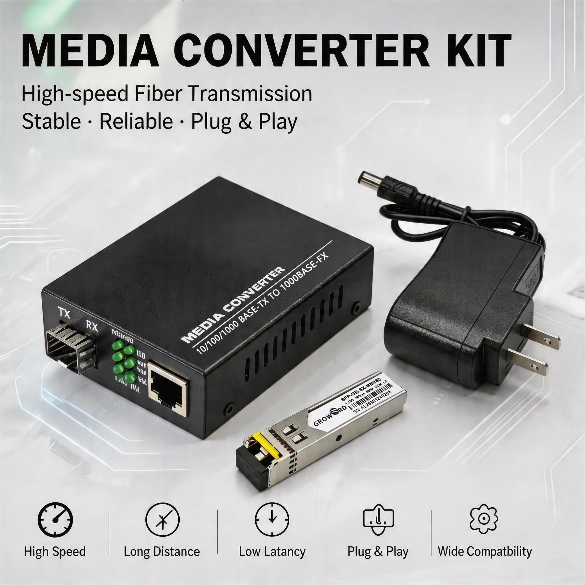 Une paire de convertisseurs de médias Ethernet Gigabit Gigabit multi-mode 1,25 G/s avec 2 modules émetteurs-récepteurs DX SFP LC inclus, 10/100/1000Base-Tx vers 1000Base-SX SMF RJ45 vers SFP jusqu'à