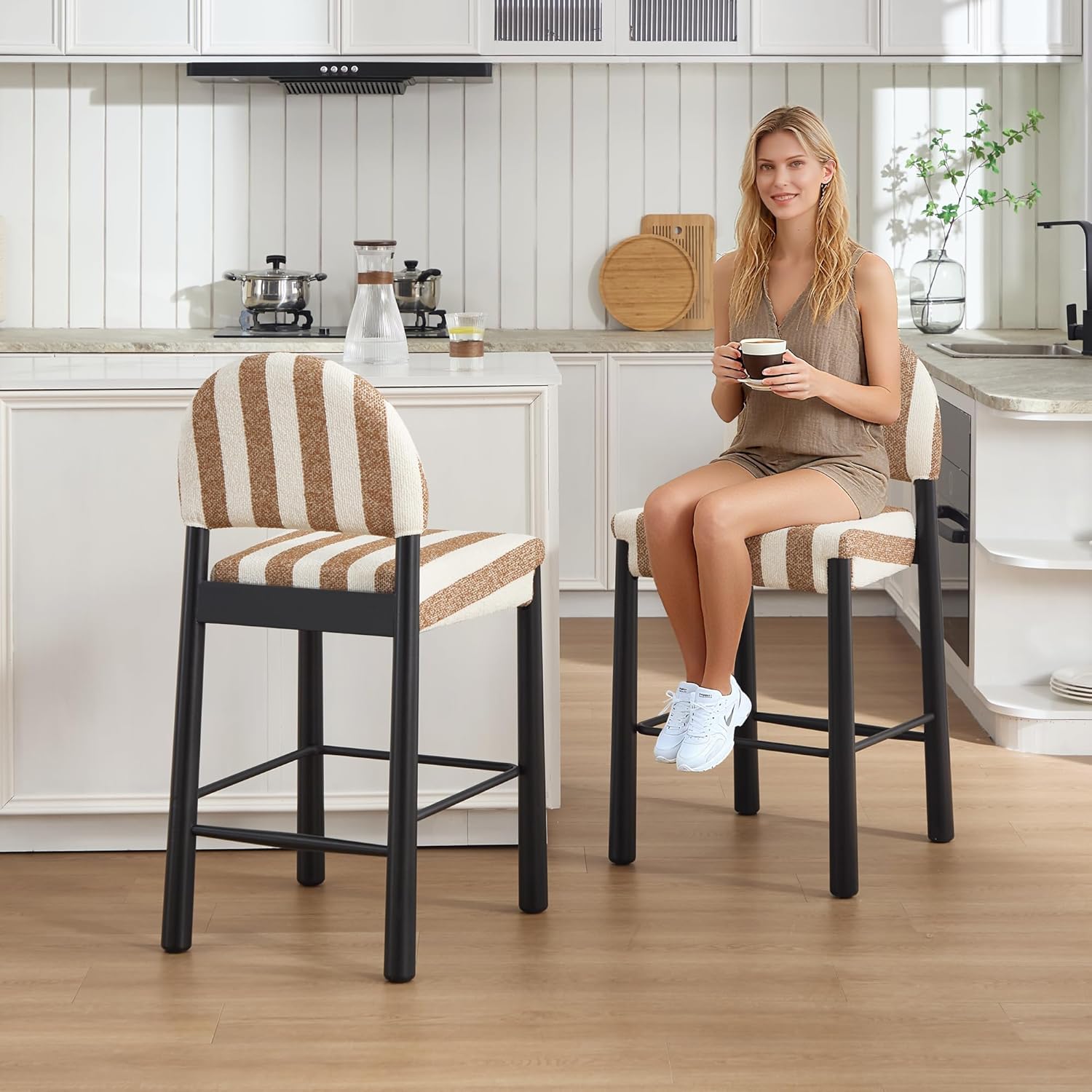 Flouki Farmhouse Counter Stools with Backs, 26" Upholstered Bar Stools Counter Height Set of 2 with Striped Linen, Kitchen Island, Black Wood Legs, Brown and White Striped