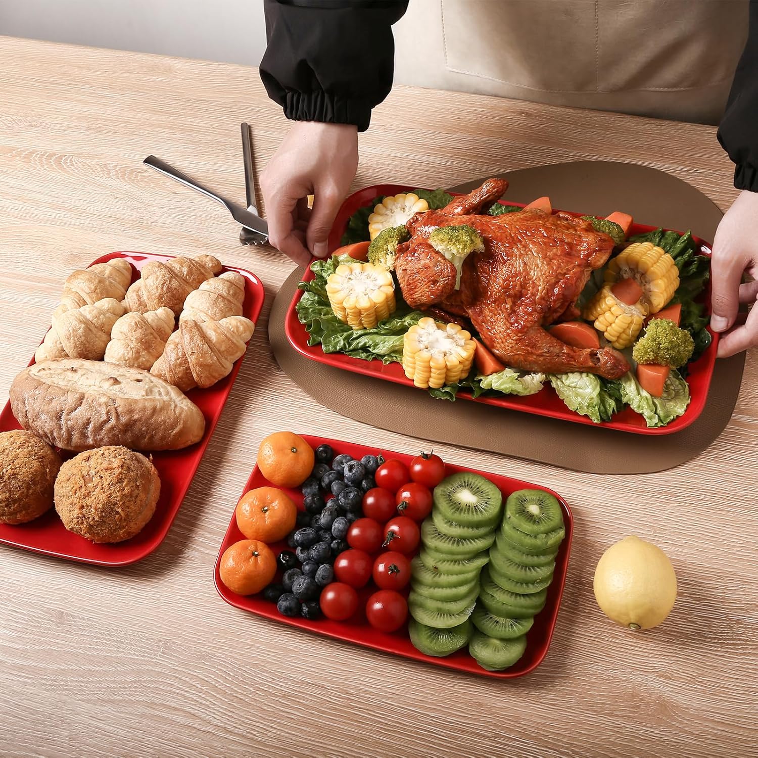 Vicrays Ceramic Rectangle Serving Platters - 14" 12" 10" Porcelain Serving Trays Plates for Party BBQ Appetizers Sushi Dessert - Microwave Oven and Dishwasher Safe - Set of 3 Red