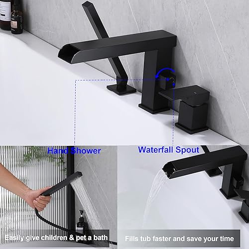 Vista 43 de Grifo de bañera romana en cascada con ducha de mano, grifo de bañera negro mate, 3 agujeros, relleno de bañera generalizado, montaje en cubierta