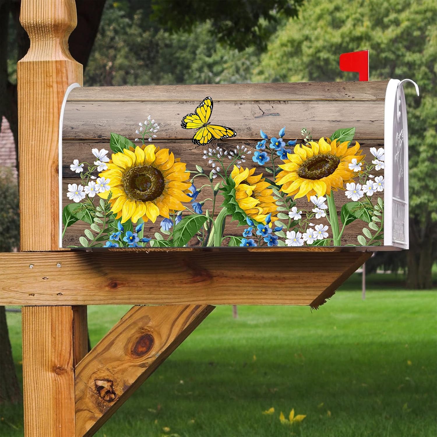 Texupday Sunflower Butterfly Wood Board Mailbox Cover with Magnetic Strip Spring Summer Flower Mailbox Wraps Post Letter Box Cover Standard Size 21" X 18" for Garden Outdoor Yard Decor