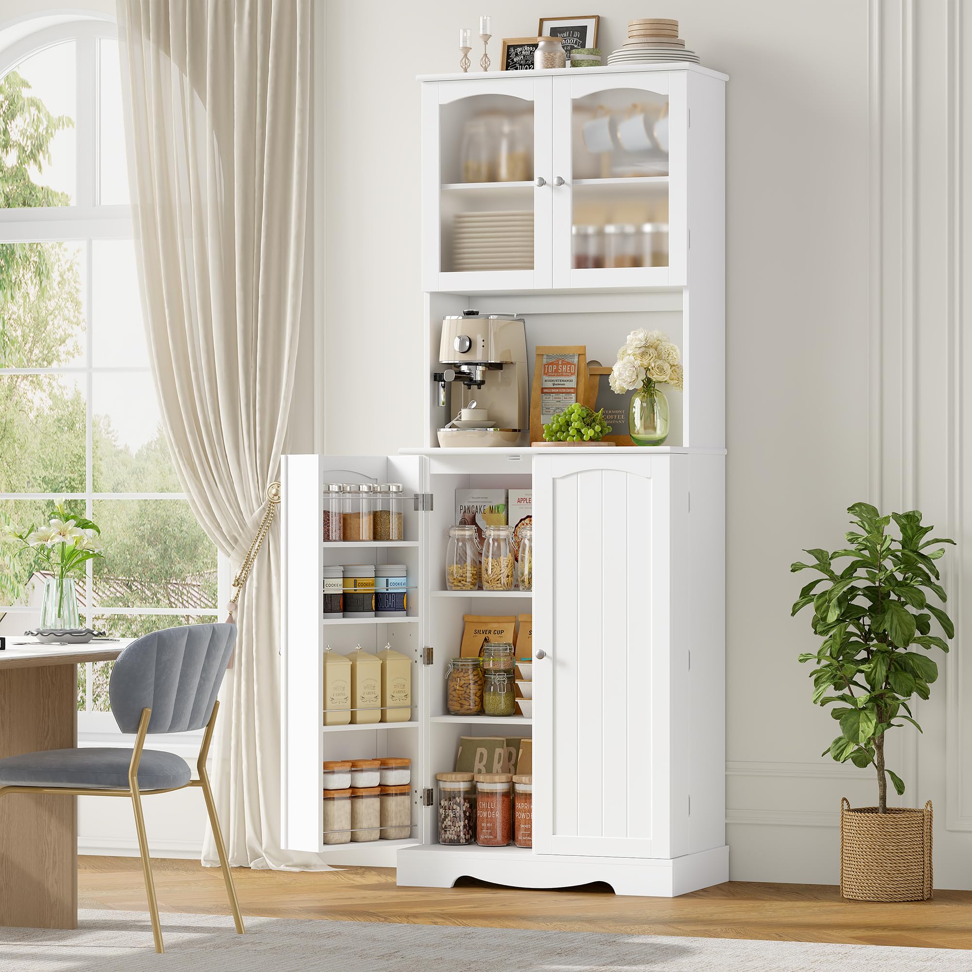 Credenza Cucina Alta, Mobile Cucina con Scaffali Portaspezie Bianco | Mobile Dispensa Cucina con 3 Ripiani Regolabili, Salvaspazio, piano di lavoro, 8 Scomparti e 4 Ante, per Cucina, Soggiorno