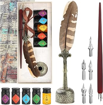 Feather Quill Calligraphy Pen & Wooden Dip Pen and Ink Set, Includes 7 Nibs, 5 Ink Bottles, Pen Holder Antique Writing Gift Set for Beginners, Artists, and Students - MU-22