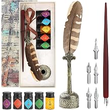 Feather Quill Calligraphy Pen & Wooden Dip Pen and Ink Set, Includes 7 Nibs, 5 Ink Bottles, Pen Holder Antique Writing Gift Set for Beginners, Artists, and Students - MU-22