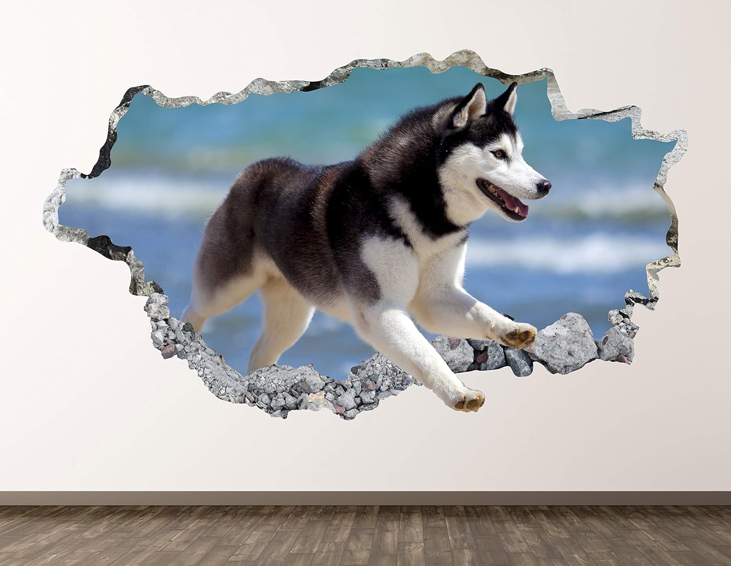 Husky Dog Wall Decal Art Decor 3D Smashed Animal Sticker Poster Kids Room Mural Custom Gift BL1011 (70"W x 40"H)