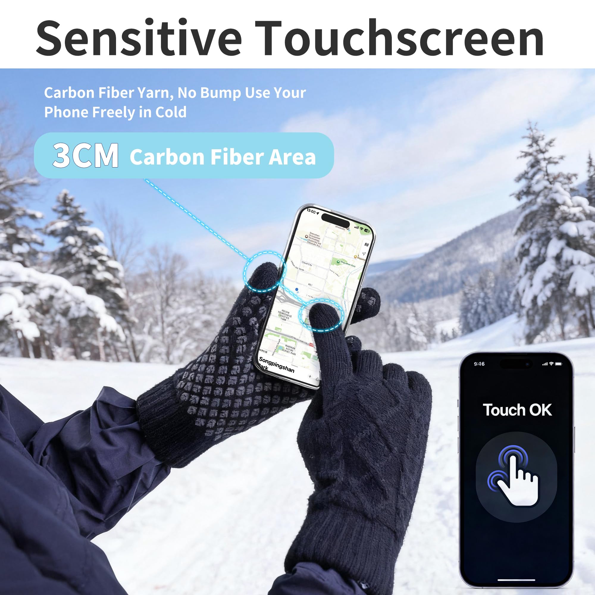 Origem Guanti Invernali Termici da Uomo Donna Touchscreen, Lana Lavorato a Maglia Fodera in Pile Guanti Caldi, Antiscivolo Tempo Freddo Guanti da Corsa Bici Guida Per Sci Moto Spostamenti All'aperto