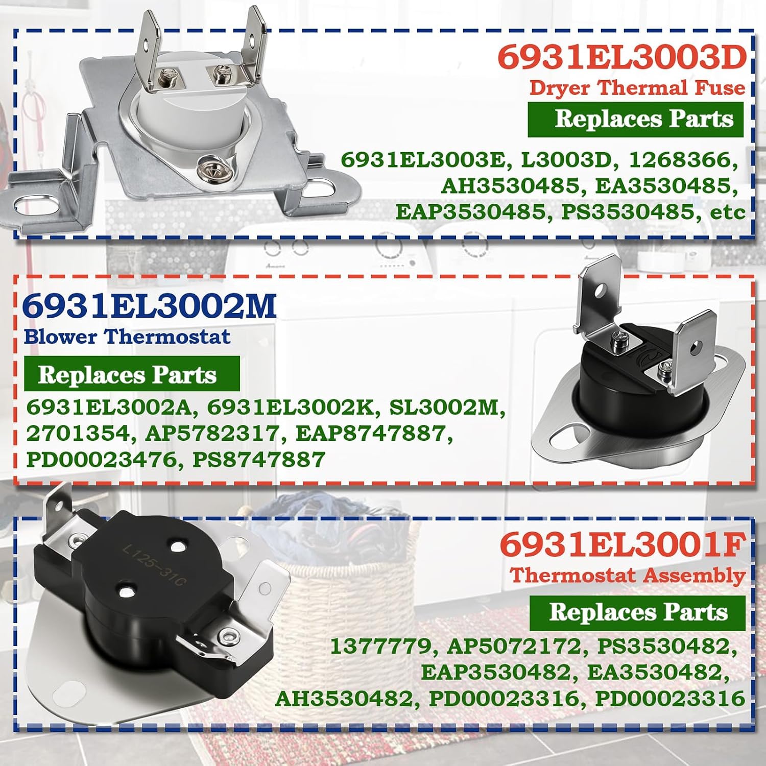 Dryer Thermal Fuse and Thermostat Kit Fit for LG DLE4970W DLE1001W DLE1501W DLEX5680W DLEY1201V DLEX8100V DLEX2501W DLEX3470V DLEX5101V DLEX5101W DLEX5170W DLEX6001V DLEX8000W DLEX3250V DLEX2501V