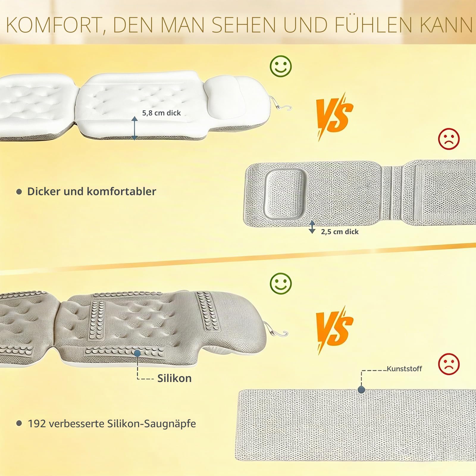 Badewannenkissen Ganzkörper Badekissen, Dickes Badewannenkissen mit Wäschesack, luxuriöses Kissen für Badewanne Kopfstütze Nacken Schulter Unterstützung Entspannung Spa Zubehör (Weiß, 129,5 x 40,6 cm)