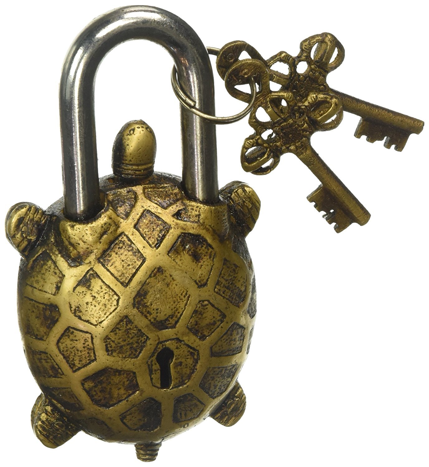 PARIJAT HANDICRAFT Candado funcional de latón con dos llaves, candado de tortuga de latón funcional de 5.5 pulgadas con dos llaves
