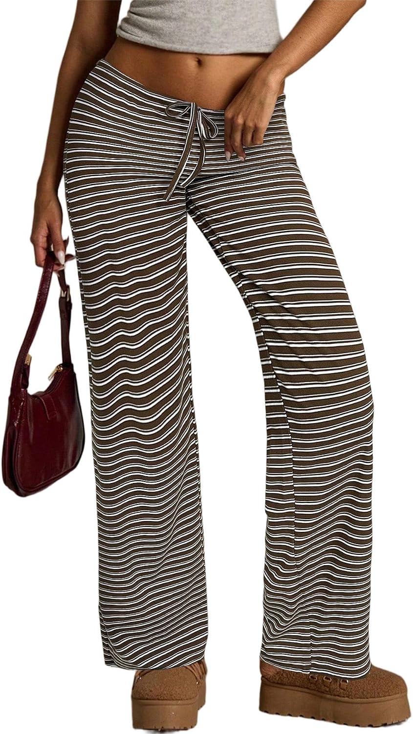 Women's Flared Knit Pants High Waisted Wide Leg Striped Lounge Bottoms Soft Stretchy