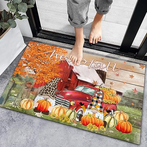 Bath Rugs Entrance Non Slip Front Door Mat Fall Truck Gnome Pumpkin Thanksgiving Kitchen Carpets Watercolor Maple Leaf Farm Harvest Floor Mats for