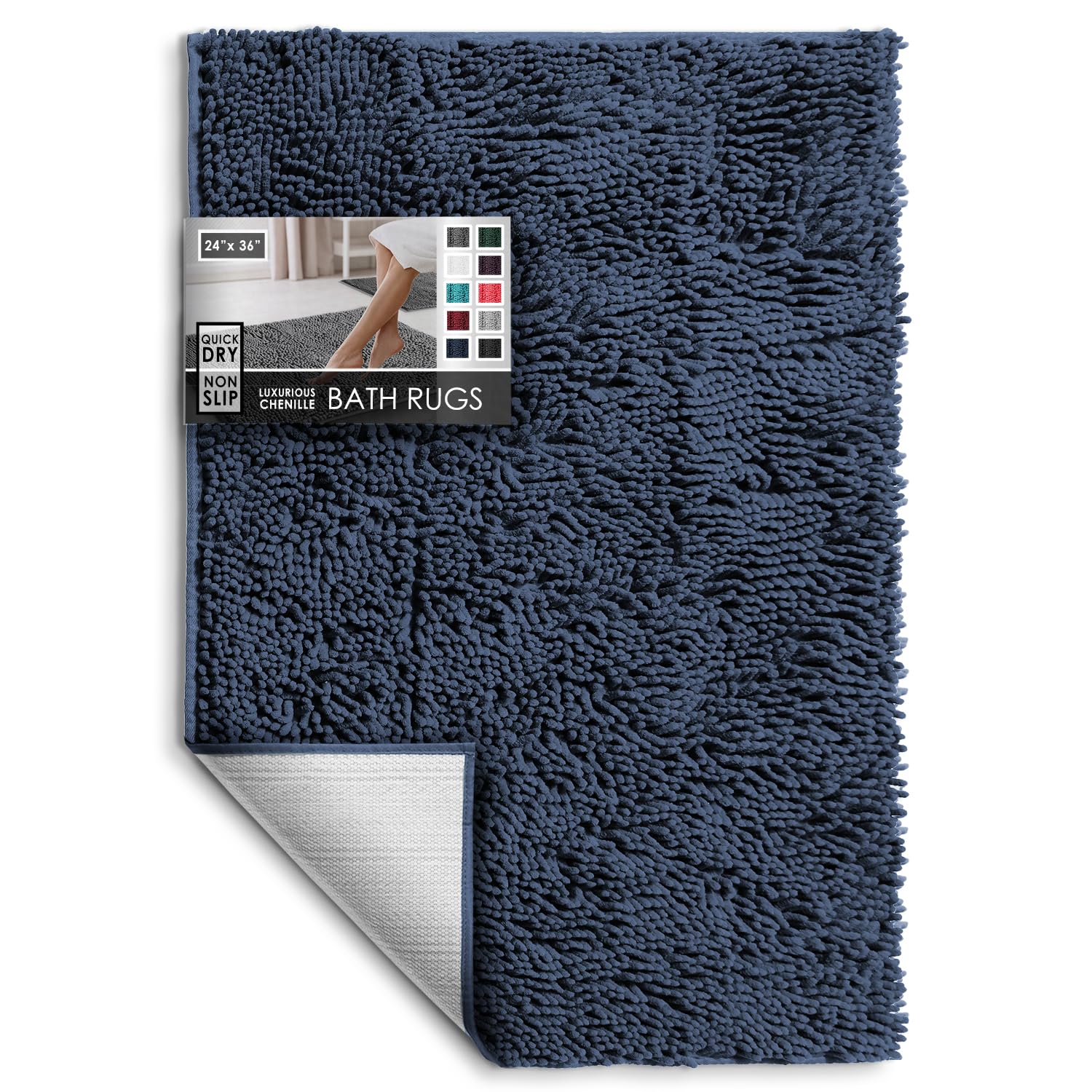 Hearth & Harbor Bathroom Rugs, Chenille Bath Mat - Machine Washable Bath Mats for Bathroom Non-Slip Backing Rubber, Quick Dry Bathroom Mat - Navy Blue
