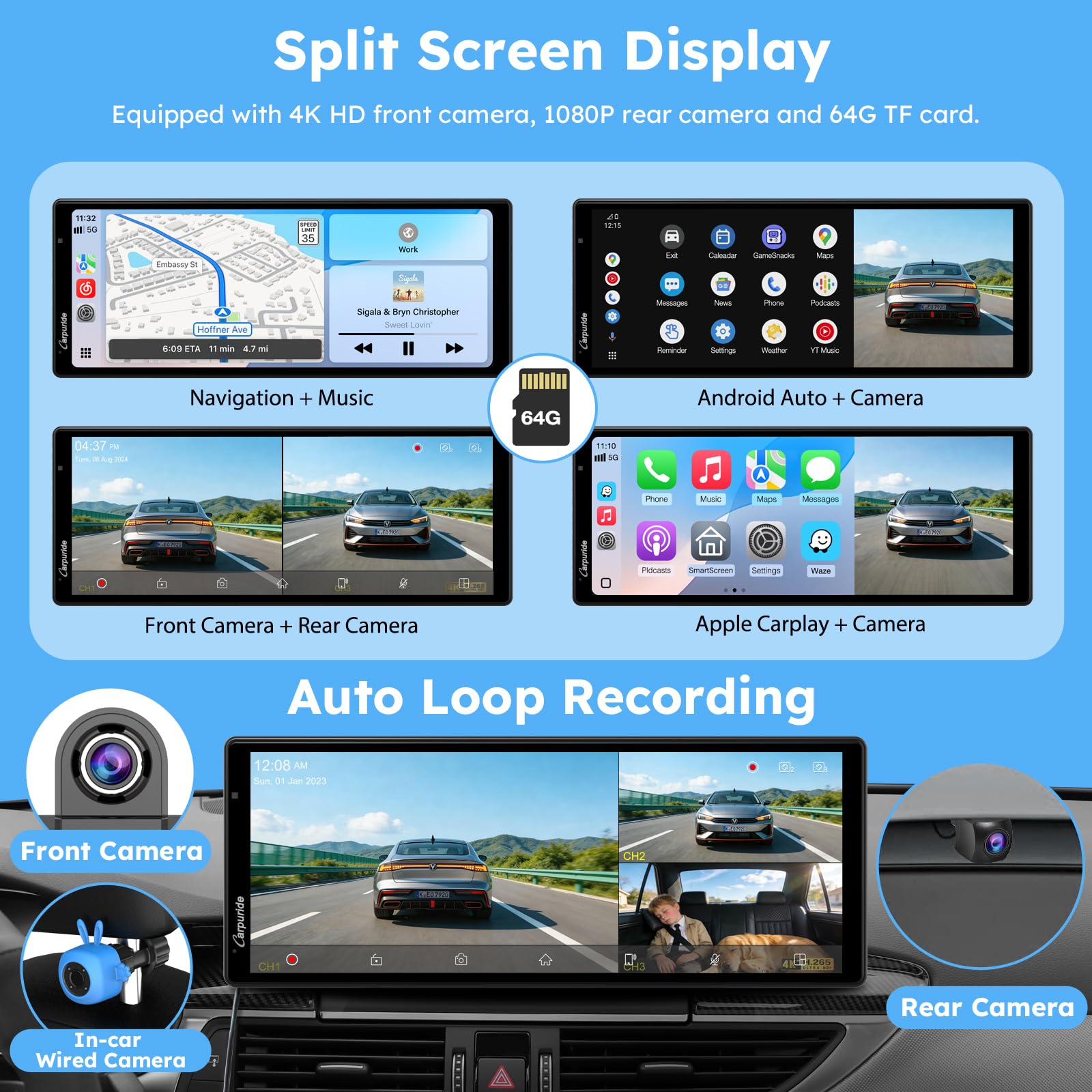 CARPURIDE W903S3 Pantalla HD de 9,3 Pulgadas con CarPlay y Android Auto, Frontal 4K + Trasera 1080p por Cable + cámara infrarroja, grabación en Bucle, GPS, FM, Bluetooth, Super Link