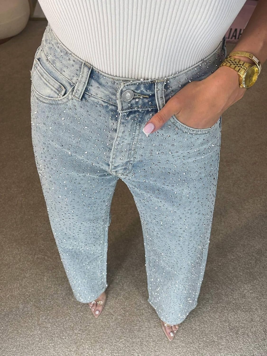 Women's Rhinestones Straight Leg Jeans High Waist Sparkle Stretchy Trendy Y2K Boyfriend Denim Pants