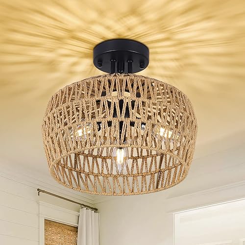 HMVPL Semi Flush Mount Ceiling Light, Rattan Light Fixture Ceiling Mount with Handmade Wicker Lampshade, 3-Lights Boho Chandelier, Woven Close to Ceiling Light for Bedroom Hallway Living Room Kitchen