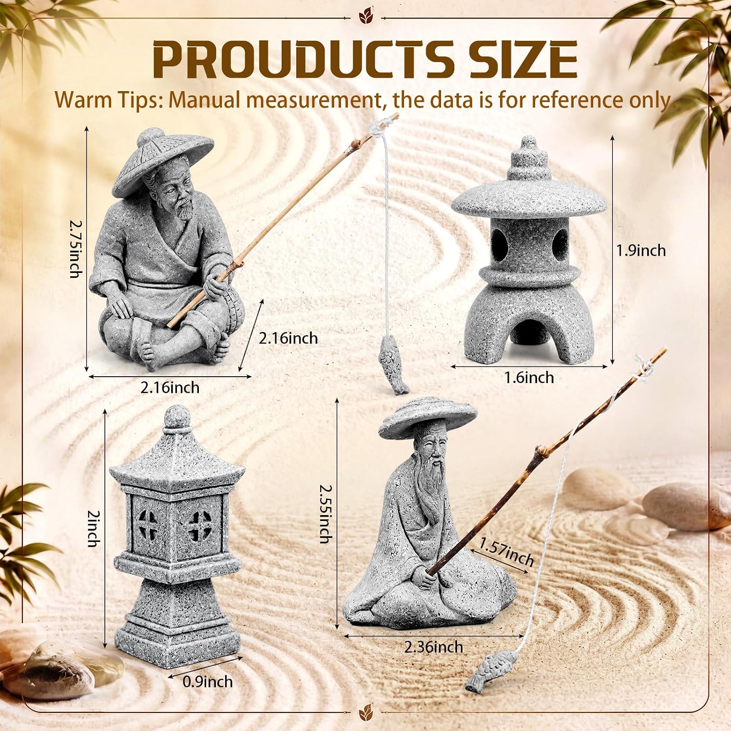 Junkin 4 Pcs Japanese Zen Miniature Figurine Set, 2 Fishermen & 2 Lanterns