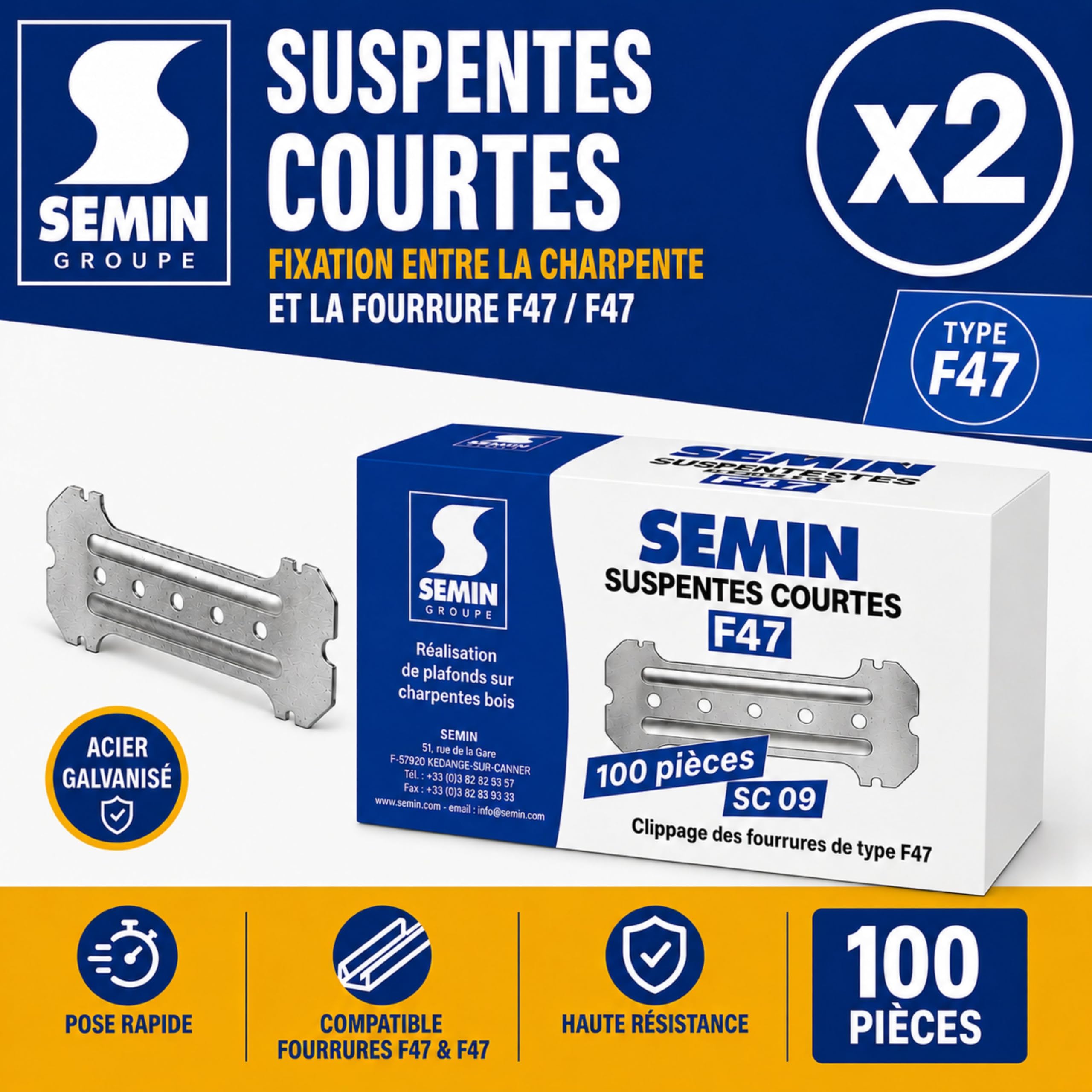 SEMIN Suspentes Courtes F47 80 mm – 2 Boîtes de 100 – Acier Galvanisé 75/100 – Fixation Plafonds Suspendus & Faux Plafonds – Compatible Fourrures F47 – Pose Rapide par Clipsage
