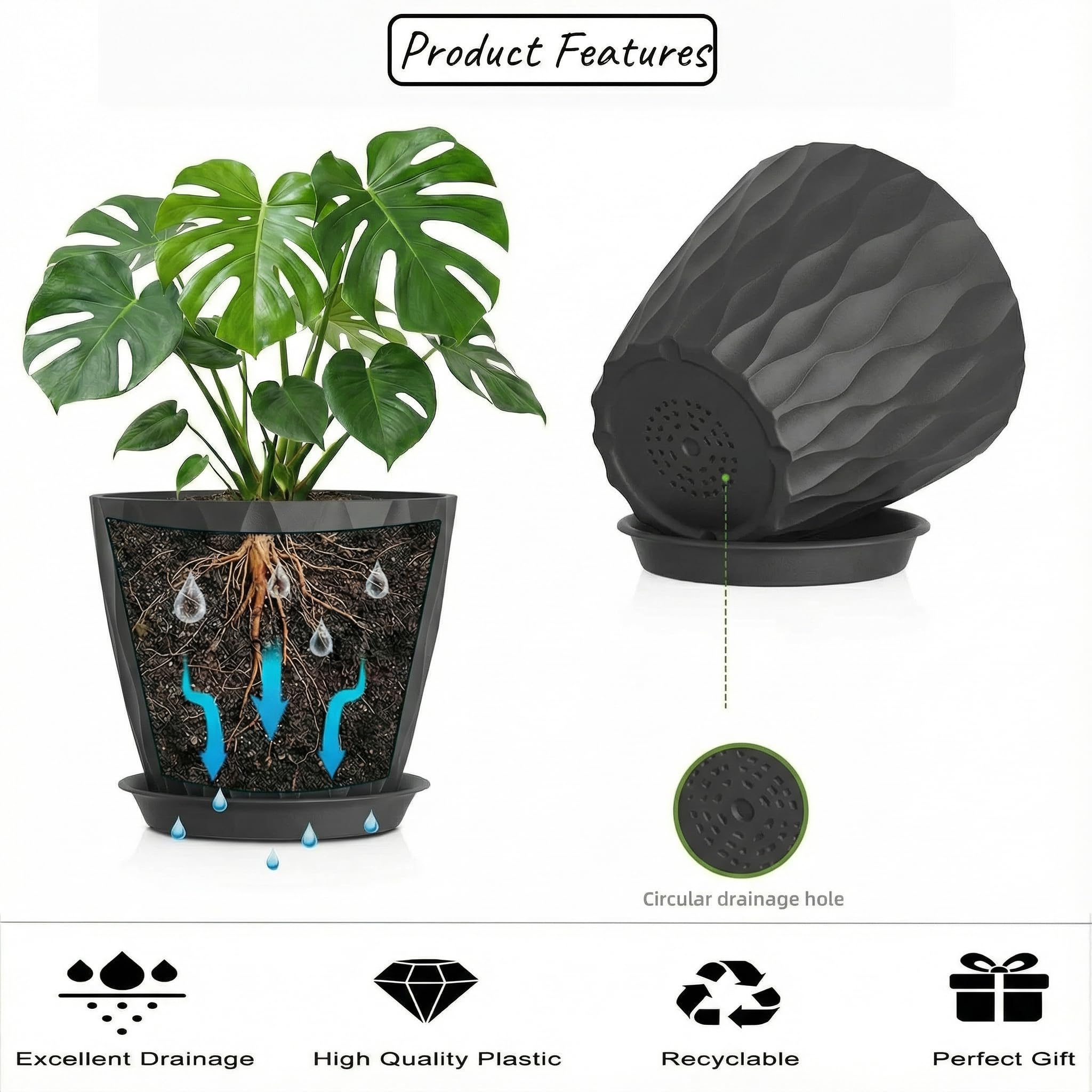 5 Piezas Macetero con Plato, 12.6CM Maceta Redonda de Plástico con 5 Etiquetas, Macetas con Platillo de Agujeros de Drenaje Maceteros Decorativos Interior para Balcón, Interior, Jardín (Negro, 5IN) — view 3