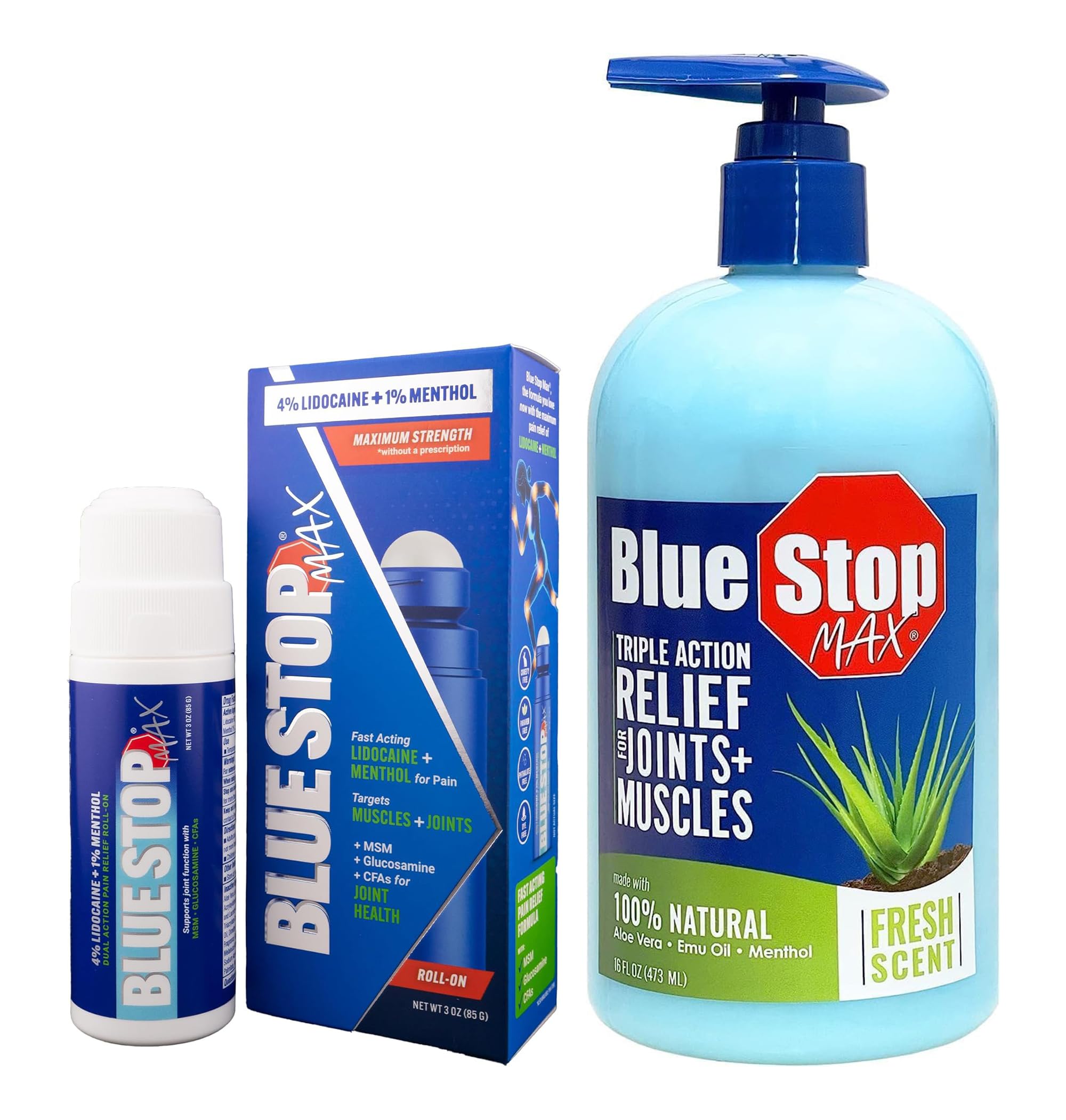 Blue Stop MaxLidocaine Roll On Maximum Strength Muscle & Joint Relief Gel 16 Oz Pump Bottle Bundle