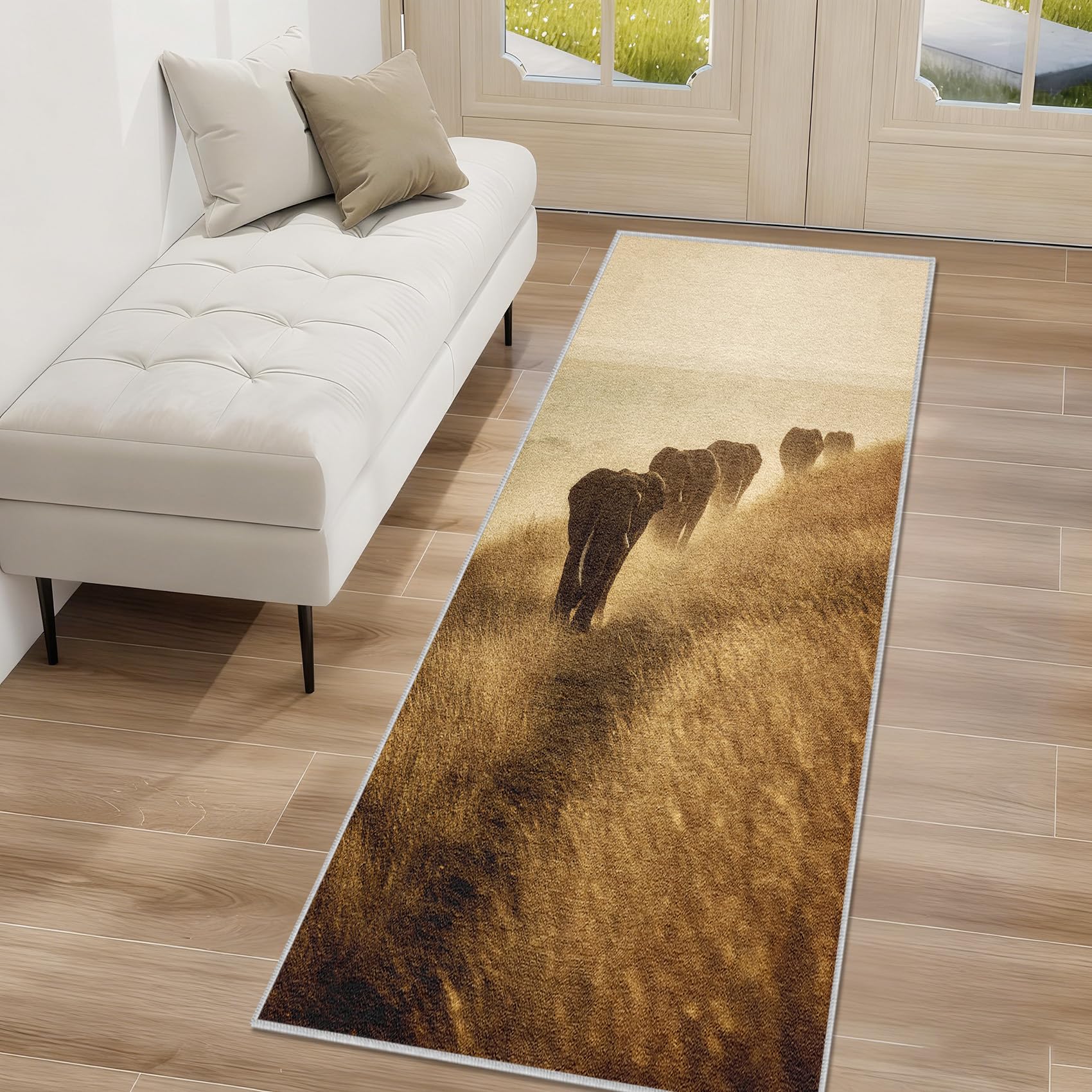 Generisch Elefant Muster Teppich Läufer Flur 80 x 150, Waschbar rutschfest Afrika Grasländ Tier Teppichläufer, Weich Kurzflor Lang Flurläufer für Wohnzimmer Schlafzimmer Bettvorleger Küchen Jz777