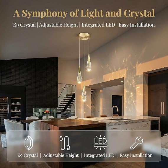 3-light Modern Gold Crystal Pendant Light, Mini Teardrop Crystal Ceiling Light Fixture, Raindrop Chandelier For Kitchen Island, Staircase, Foyer, Entryway, Bedroom, Dining Room And Living Room