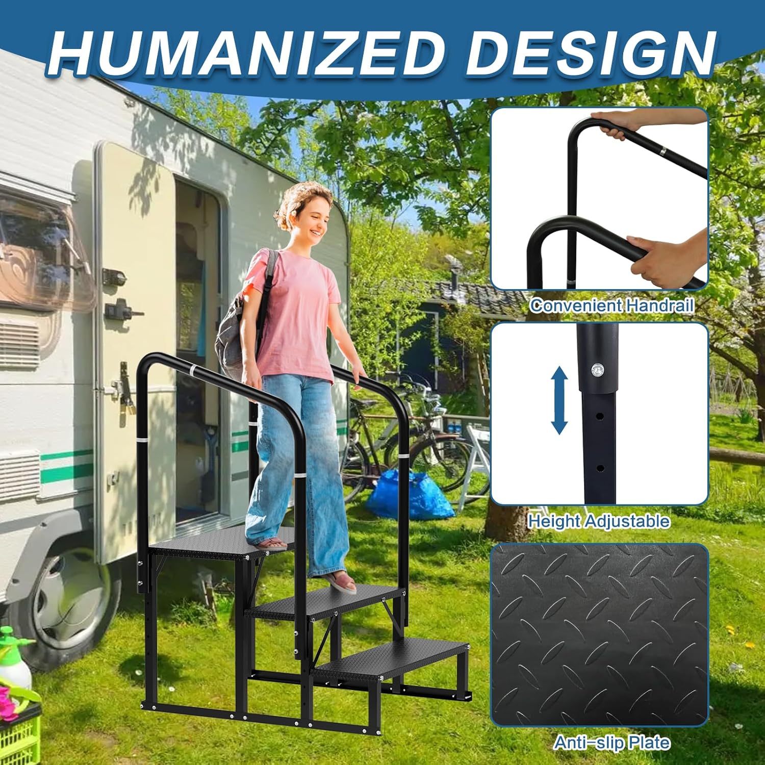 RV Steps, 3-Steps RV Stairs with Handrail Hot Tub Steps Mobile Home Stairs, Non-Slip Steps Outdoor Stairs for RV, Trailer, Camper Steps, Outdoor Spa