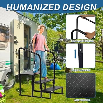 RV Steps, 3-Steps RV Stairs with Handrail Hot Tub Steps Mobile Home Stairs, Non-Slip Steps Outdoor Stairs for RV, Trailer, Camper Steps, Outdoor Spa