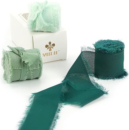 MEEDEE Cinta de gasa hecha a mano con flecos, cinta de seda de gasa de 1.5 pulgadas x 6 yardas, juego de cintas de gasa verde oscuro y menta,