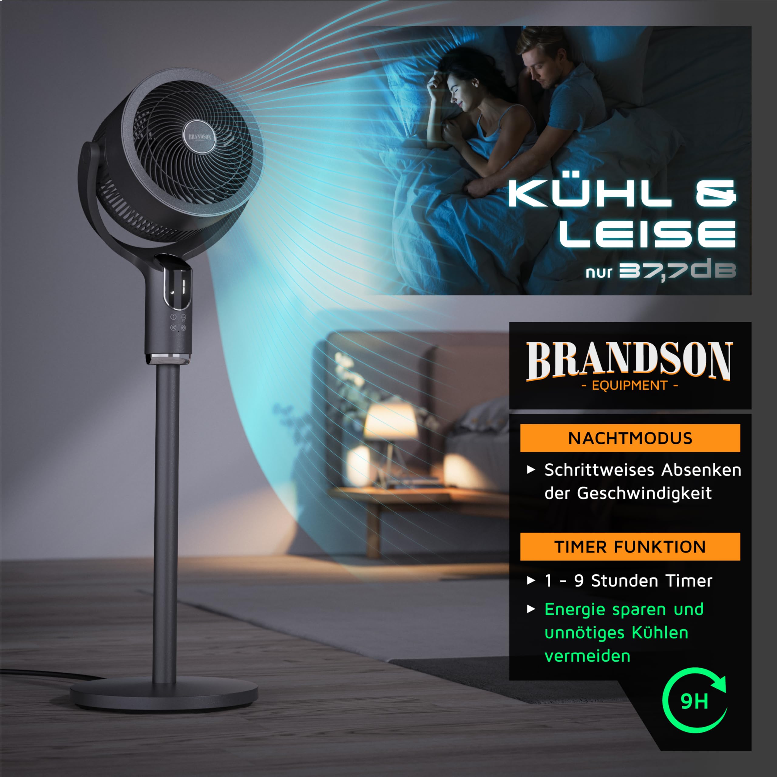 Brandson – 3D Standventilator mit Fernbedienung, Sieger Life & Living Award 2026, 3D Oszillation, Extra Leise, Sleep Modus, 8 + 1 Geschwindigkeitsstufen, für Schlafzimmer Wohnzimmer Kinderzimmer Büro