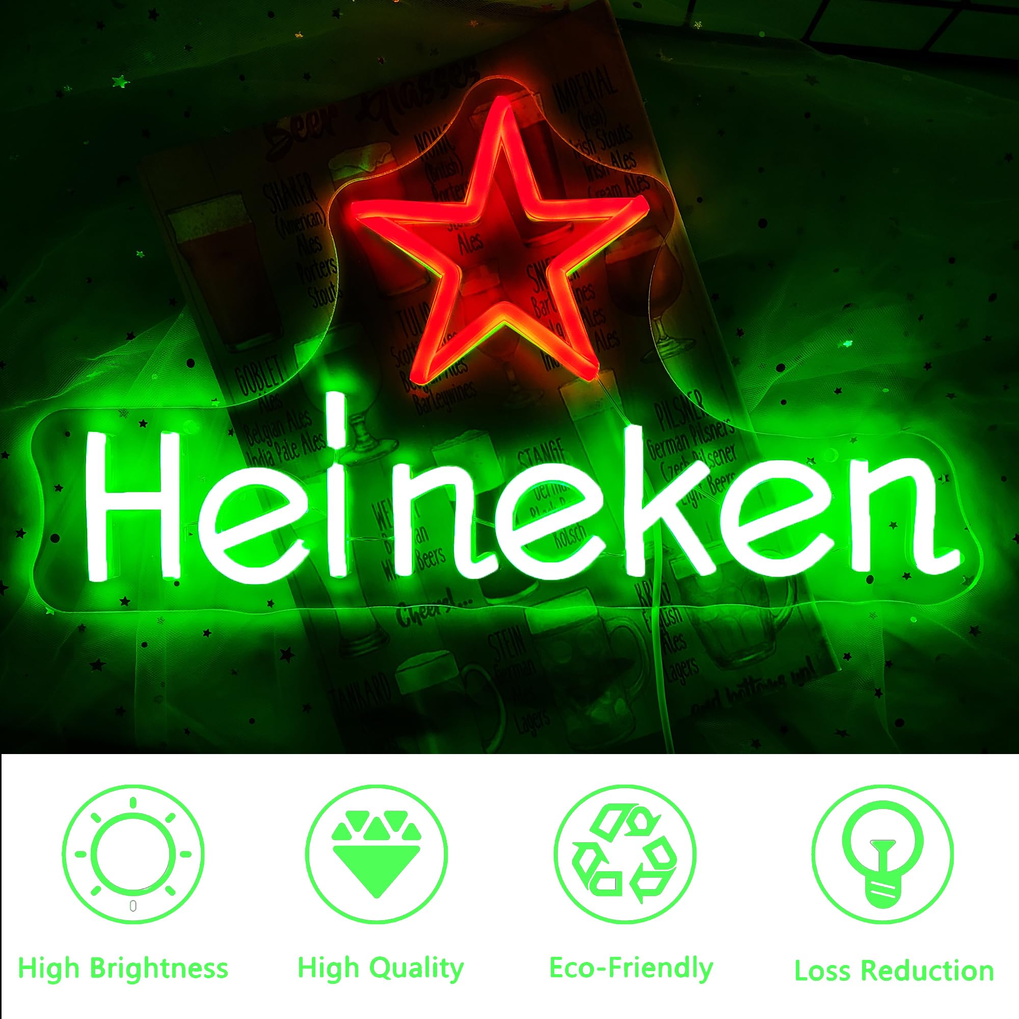 Heieken Neon Sign for Wall Decor Dimmable Beer Light Sign Bar Led