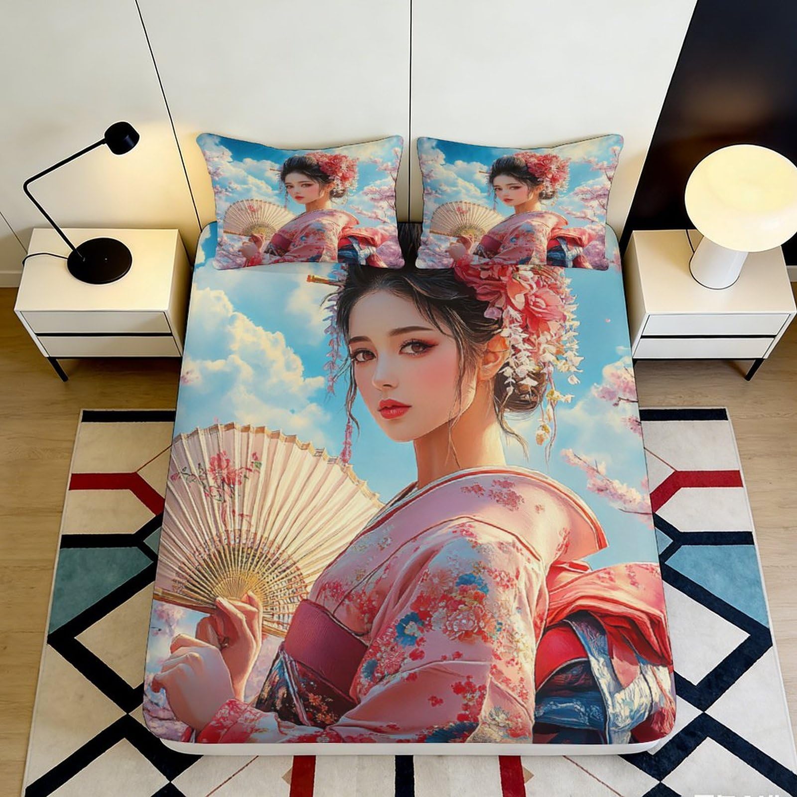 3D Printed Kimono Art Fitted Sheet Microfiber Soft Breathable Geisha Sky Pattern Mattress Cover for Bedroom Guest Room Decor 90x200x25cm