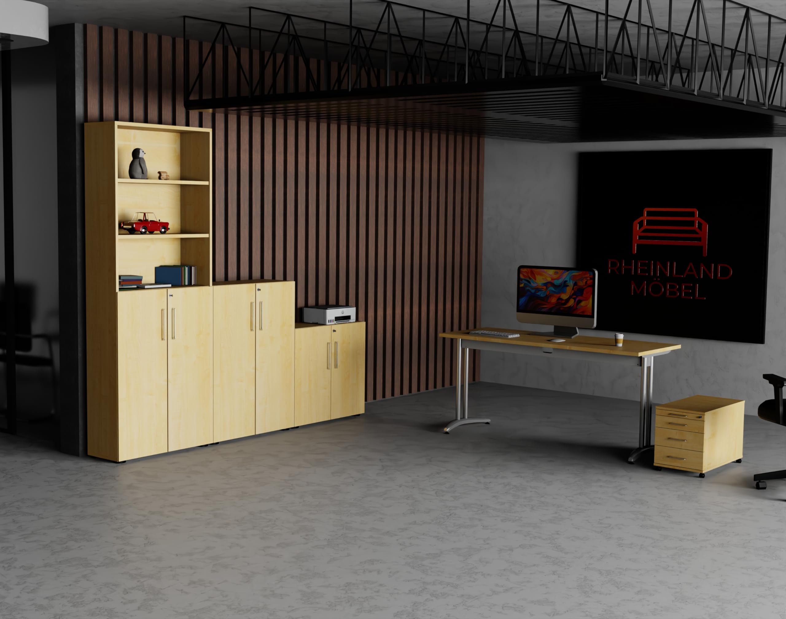 Flügeltürenschrank Cabino 80×42×110 cm – abschließbarer Aktenschrank 3OH in Ahorn mit 110° Drehtüren & Metallgriff