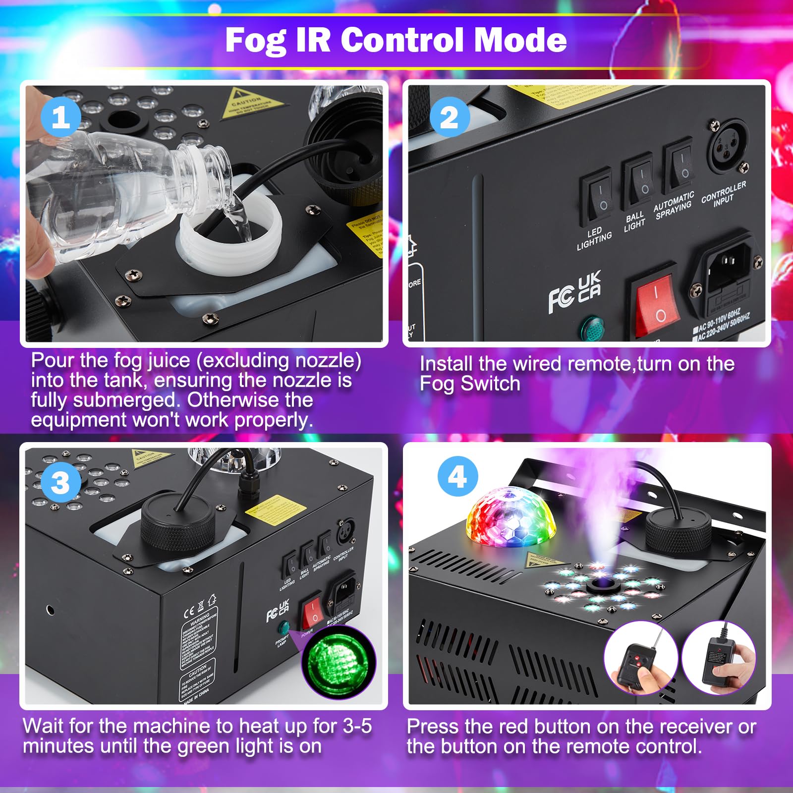 Hakuta 1500W Fog Machine Vertical Smoke Machine with 18 LED Lights, Disco Ball for Halloween Wedding Disco Club Christmas Party DJ Performance