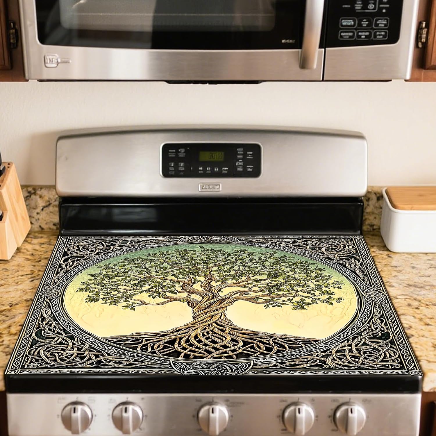 Nuxovilar Stove Top Cover for Electric Stove, 20x28 Inch Polyester Glass Cooktop Protector with "Tree of Life"pattern Design, for Kitchen Decor & Daily Use