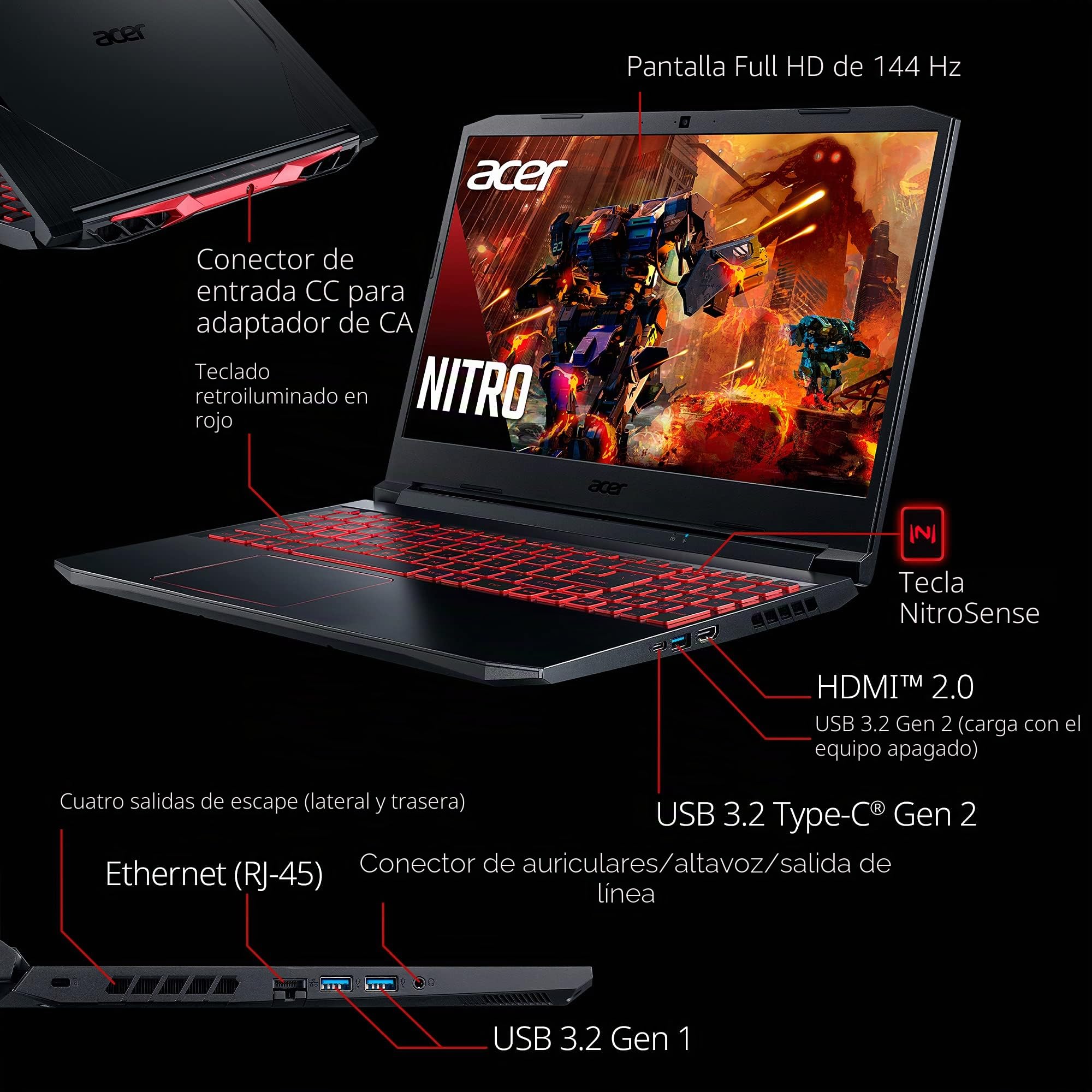 Acer Nitro 5 AN515-55-53E5 Gaming Laptop | Intel Core i5-10300H | NVIDIA GeForce RTX 3050 Laptop GPU | Pantalla IPS FHD de 15.6 pulgadas de 144 Hz