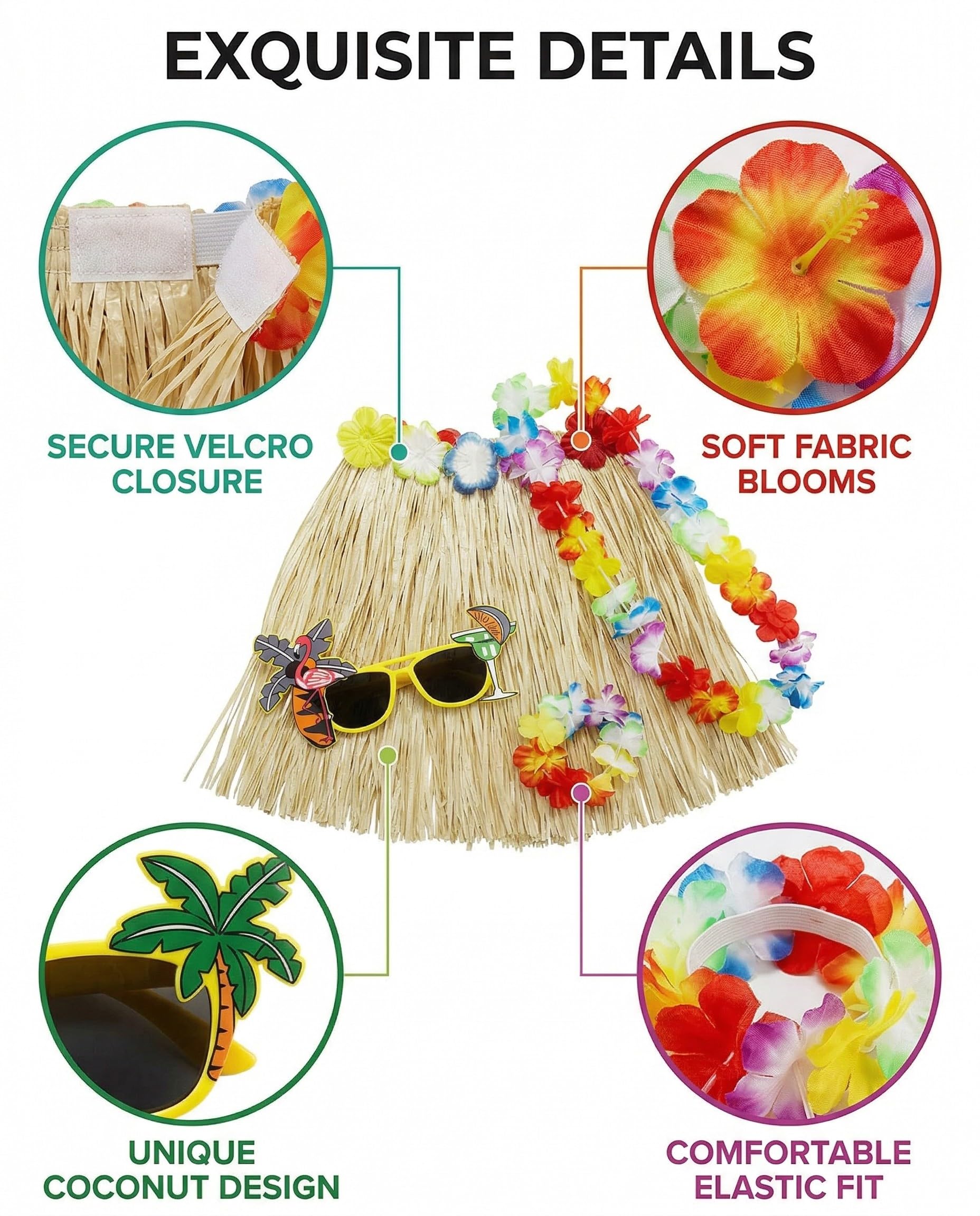 DAFNE 6 Pièces deguisement hawaienne femme, Jupe Hawaienne en Paille Paquet, Jupe Hawaienne, Hawaïen lei, Décoration de Fête Tropicale de Plage d'été, accessoire de fête tropicale Luau,Style-2