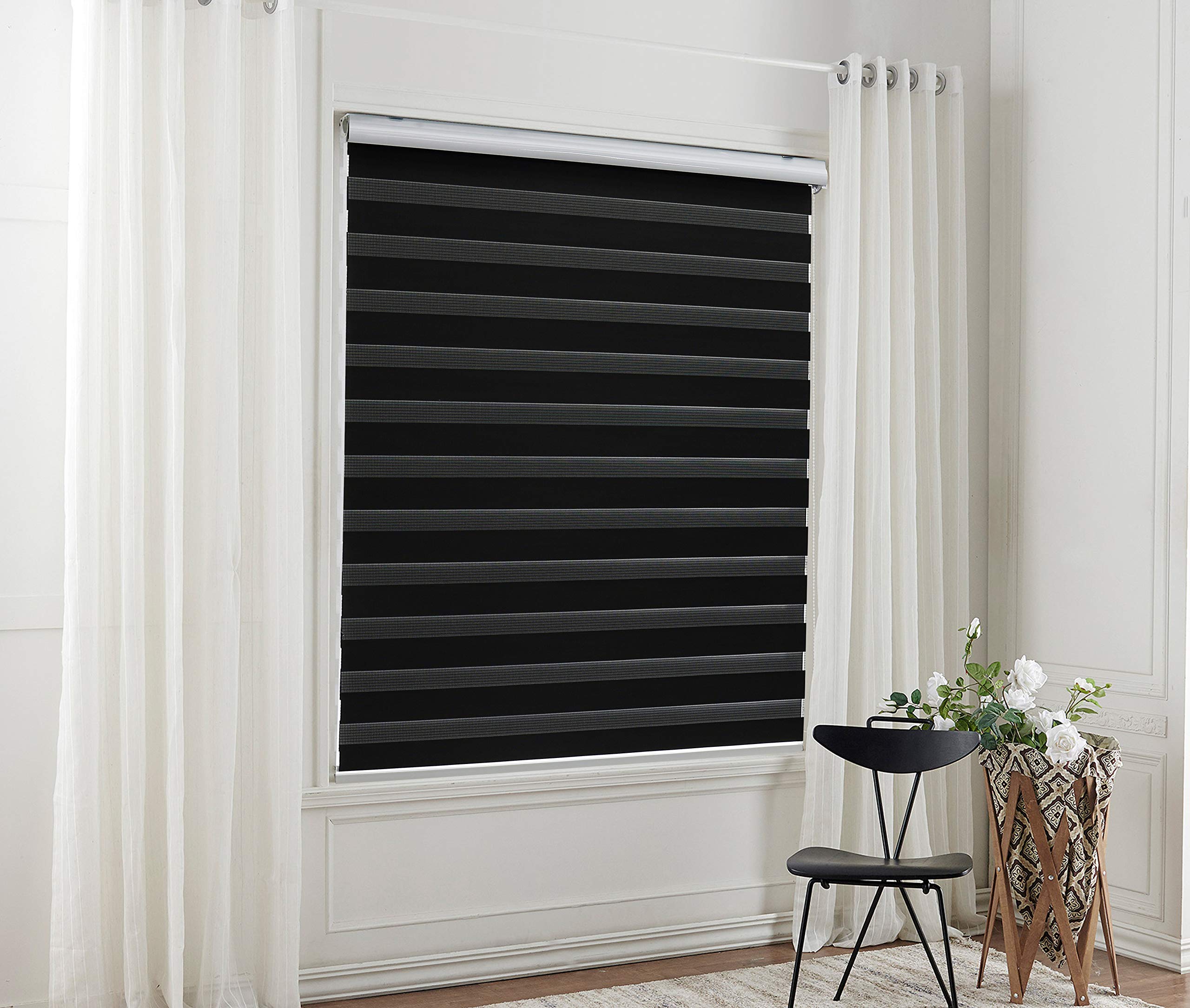 Day and Night Zebra Roller Blind Gradient Double Fabric Translucent or Blackout Vision Curtains for Window and Door with Aluminium Cassette (Pure black, Width 45cm X Height 150cm)