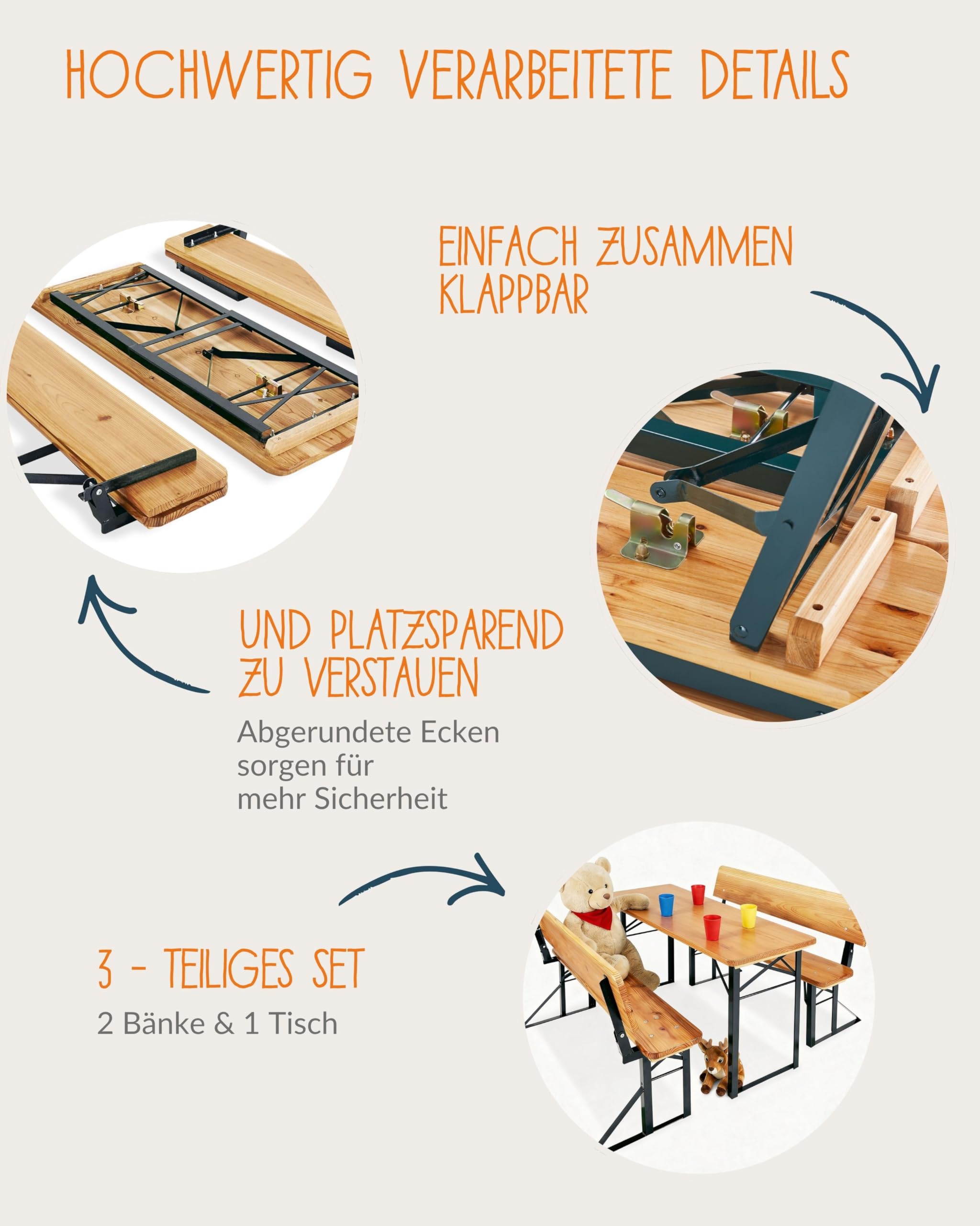 PINOLINO Sepp Kinder Festzeltgarnitur 3-teilig I Klappbare Kindersitzgruppe aus Holz & Metall I Outdoor Tisch mit 2 Bänken für Garten, Geburtstag & Party I Für Kinder ab 3 Jahren